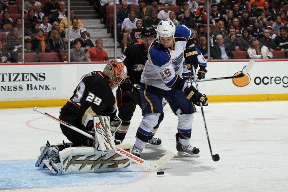 ANAHEIM, CA - MARCH 16:  Goalie Ray Emery #29 of the Anaheim Ducks stops a shot by Chris Stewart #25 of the St. Louis Blues at Honda Center on March 16, 2011 in Anaheim, California.  Anaheim won 2-1.   (Photo by Stephen Dunn/Getty Images)