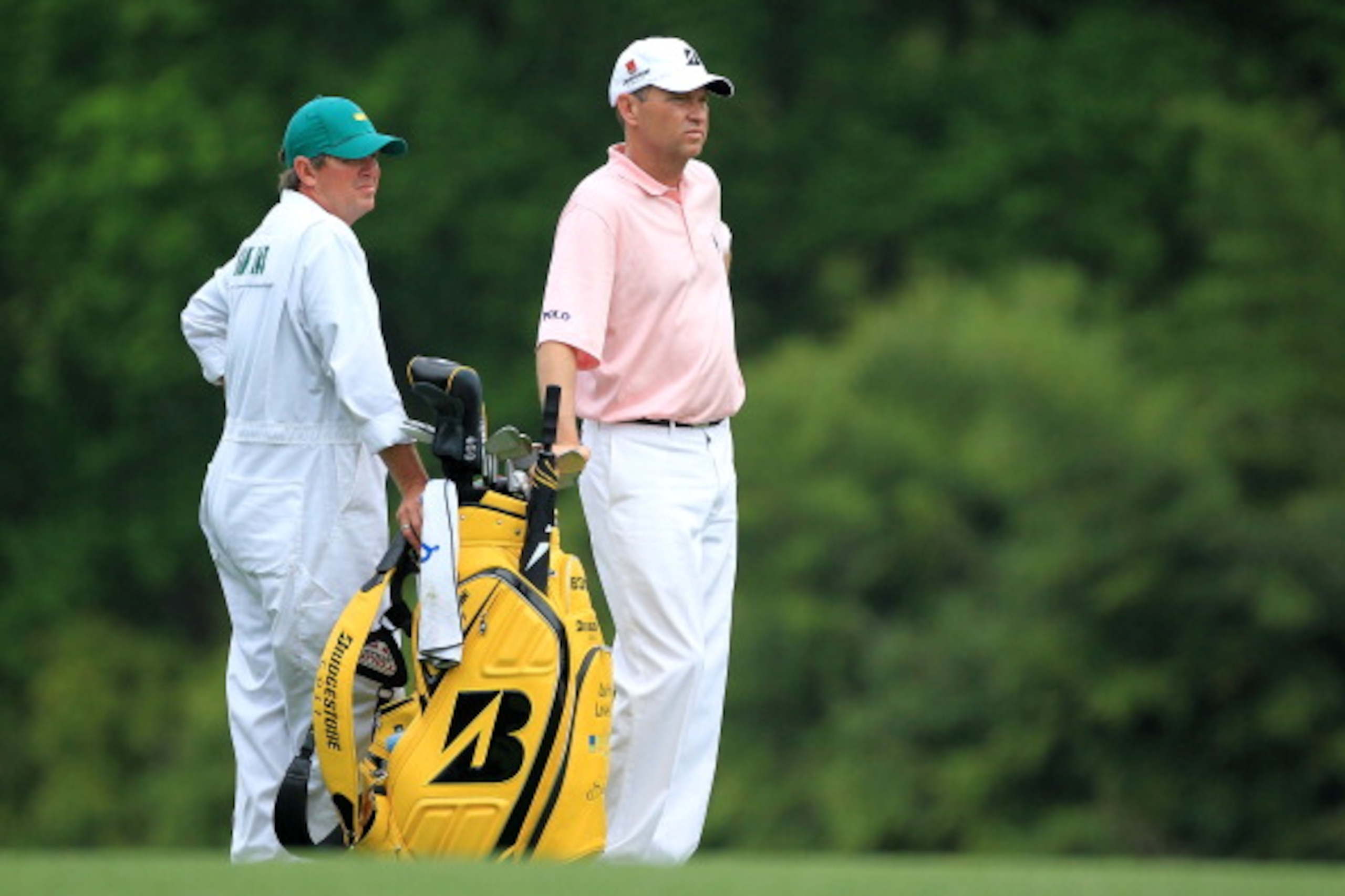 AUGUSTA, GA - APRIL 08: Davis Love III waits with his caddie Jef Weber during the second round of the 2011 Masters Tournament at Augusta National Golf Club on April 8, 2011 in Augusta, Georgia. (Photo by David Cannon/Getty Images) AUGUSTA, GA - APRIL 08: Davis Love III waits with his caddie Jef Weber during the second round of the 2011 Masters Tournament at Augusta National Golf Club on April 8, 2011 in Augusta, Georgia. (Photo by David Cannon/Getty Images)