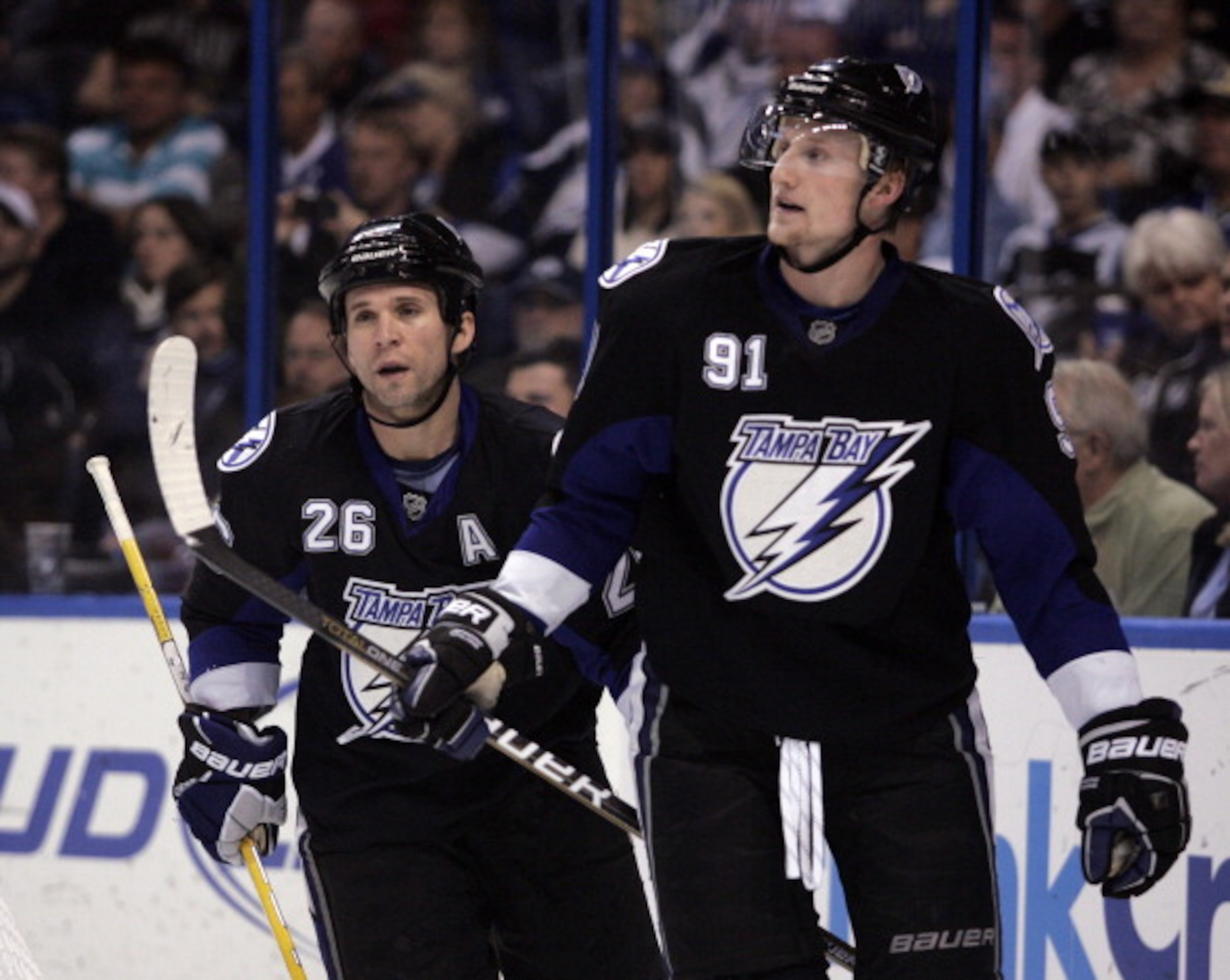 TAMPA, FL - JANUARY 25: Steven Stamkos #91 and Martin St. Louis #26 of the Tampa Bay Lightning look on against the Toronto Maple Leafs at St. Pete Times Forum on January 25, 2011 in Tampa, Florida. (Photo by Justin K. Aller/Getty Images) TAMPA, FL - JANUARY 25: Steven Stamkos #91 and Martin St. Louis #26 of the Tampa Bay Lightning look on against the Toronto Maple Leafs at St. Pete Times Forum on January 25, 2011 in Tampa, Florida. (Photo by Justin K. Aller/Getty Images)