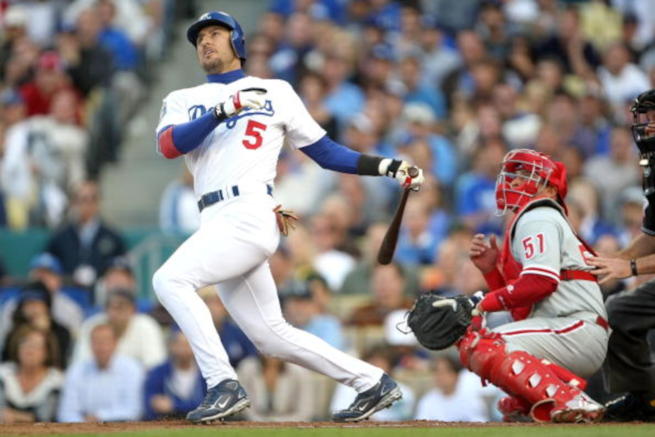 LOS ANGELES, CA - OCTOBER 12:  Nomar Garciaparra #5 of the Los Angeles Dodgers swings at a pitch in Game Three of the National League Championship Series against the Philadelphia Phillies during the 2008 MLB playoffs on October 12, 2008 at Dodger Stadium