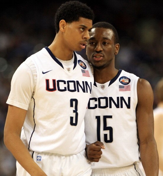 HOUSTON, TX - APRIL 04:  Jeremy Lamb #3 and Kemba Walker #15 of the Connecticut Huskies talk against the Butler Bulldogs during the National Championship Game of the 2011 NCAA Division I Men's Basketball Tournament at Reliant Stadium on April 4, 2011 in H