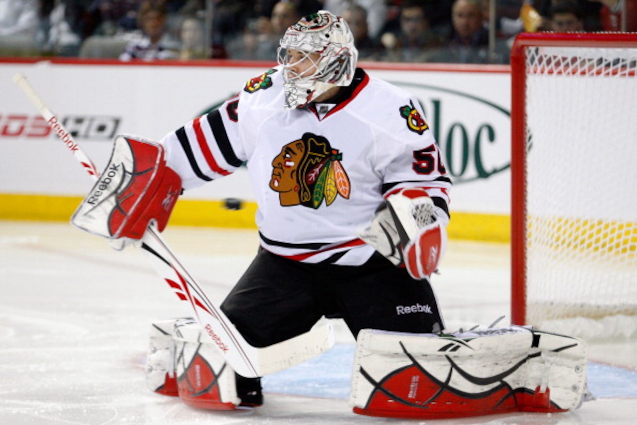 MONTREAL, CANADA - APRIL 5:  The puck goes wide past Corey Crawford #50 of the Chicago Blackhawks during the NHL game against the Montreal Canadiens at the Bell Centre on April 5, 2011 in Montreal, Quebec, Canada.  (Photo by Richard Wolowicz/Getty Images)