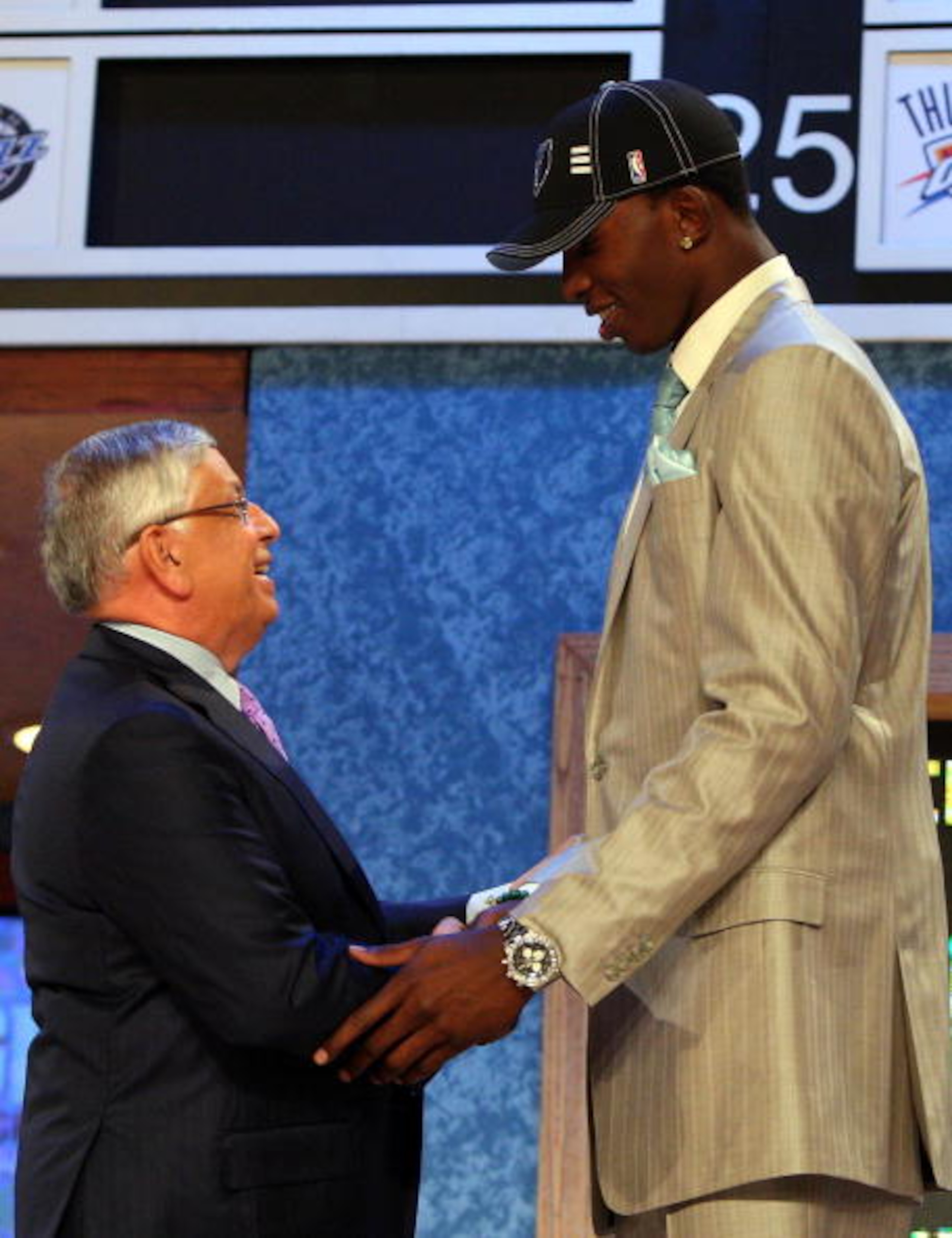 NEW YORK - JUNE 25:  NBA Commissioner David Stern shakes hands with the second overall draft pick by the Memphis Grizzlies,  Hasheem Thabeet during the 2009 NBA Draft at the Wamu Theatre at Madison Square Garden June 25, 2009 in New York City. NOTE TO USE