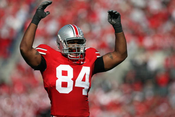 COLUMBUS, OH - NOVEMBER 03: Doug Worthington #84 of the Ohio State Buckeyes celebrates during the game against the Wisconsin Badgers on November 3, 2007 at Ohio Stadium in Columbus, Ohio. Ohio State defeated Wisconsin 38-17. (Photo by Jonathan Daniel/Gett