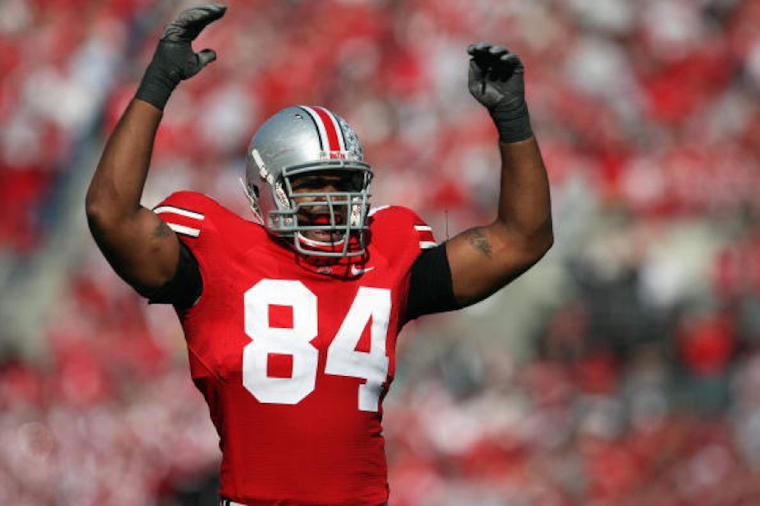 COLUMBUS, OH - NOVEMBER 03: Doug Worthington #84 of the Ohio State Buckeyes celebrates during the game against the Wisconsin Badgers on November 3, 2007 at Ohio Stadium in Columbus, Ohio. Ohio State defeated Wisconsin 38-17. (Photo by Jonathan Daniel/Gett COLUMBUS, OH - NOVEMBER 03: Doug Worthington #84 of the Ohio State Buckeyes celebrates during the game against the Wisconsin Badgers on November 3, 2007 at Ohio Stadium in Columbus, Ohio. Ohio State defeated Wisconsin 38-17. (Photo by Jonathan Daniel/Gett