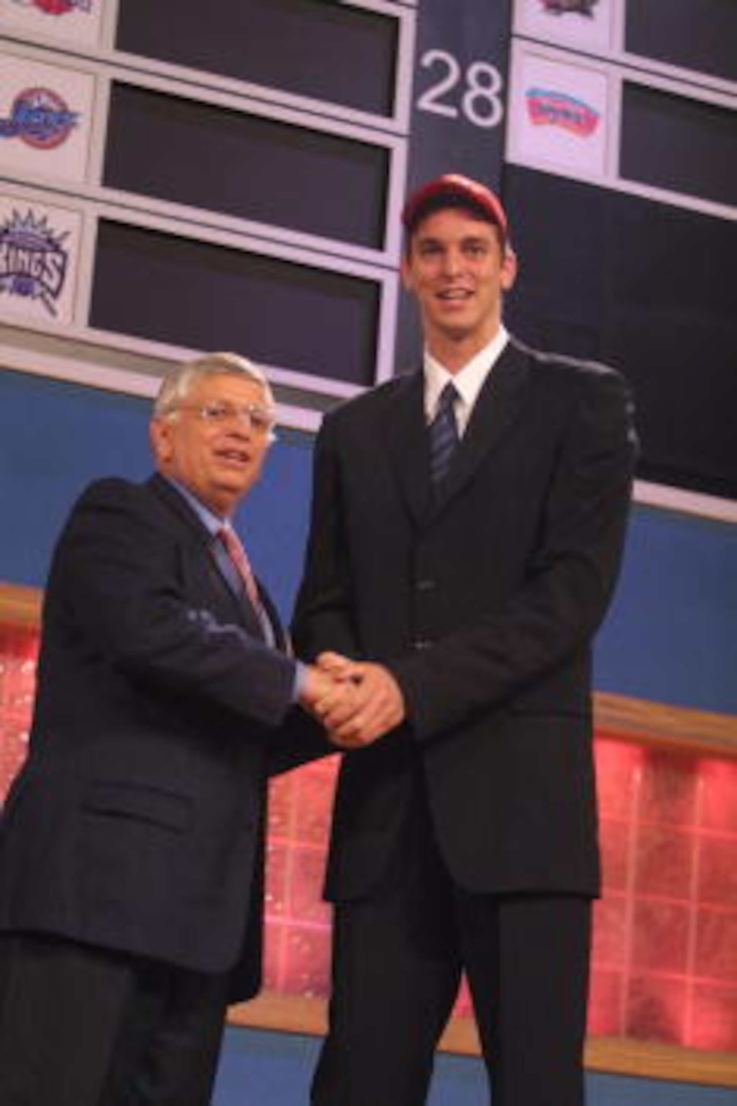 27 Jun 2001:  NBA Commisioner David Stern congratulates Pau Gasol of Barcelona on being the third pick in the NBA Draft by the Atanta Hawks at the Theatre in Madison Square Garden in New York City. Mandatory Credit: Al Bello/ALLSPORT NOTE TO USER: It is e