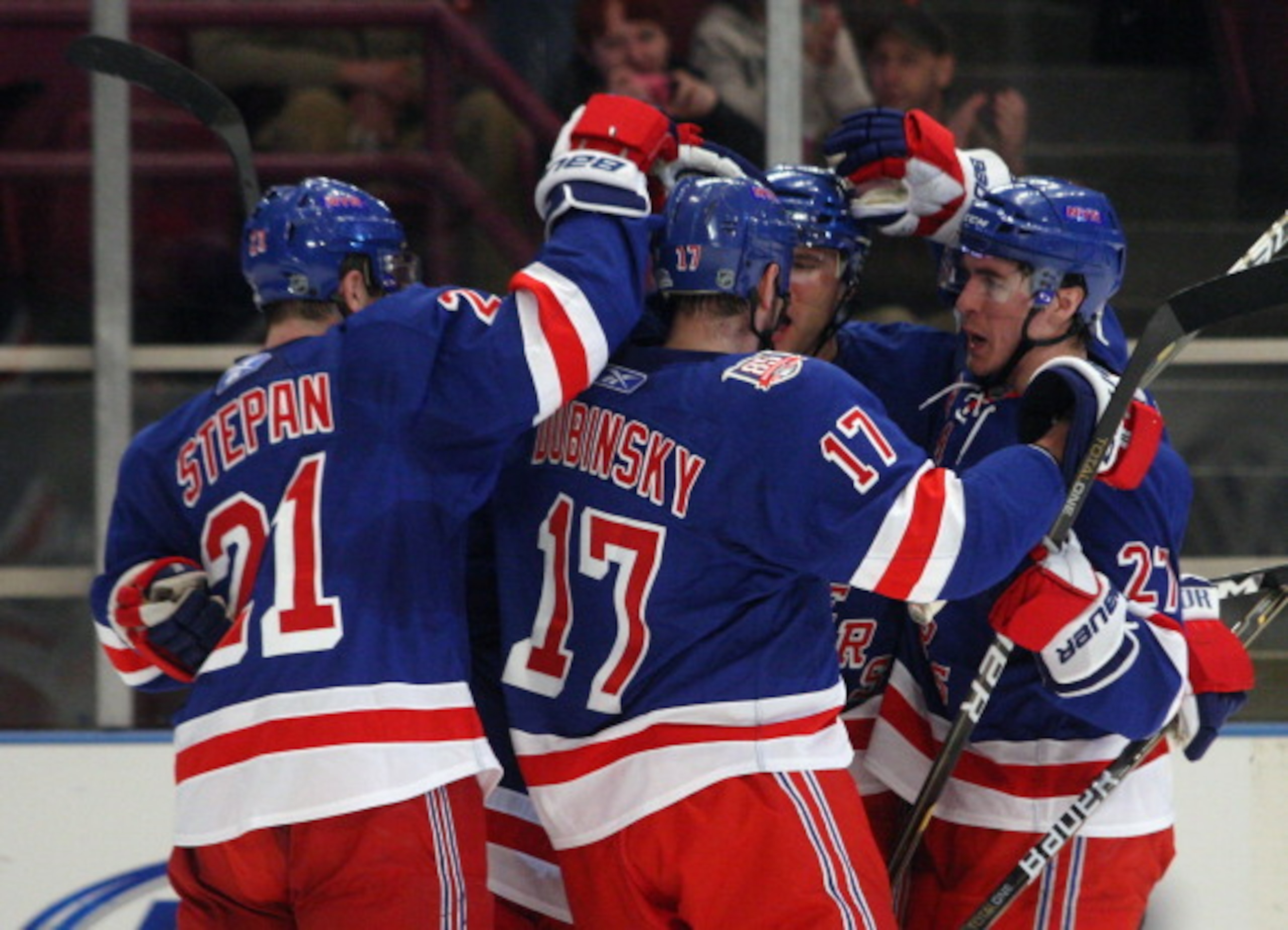 NEW YORK, NY - APRIL 09: The New York Rangers celebrate a goal by Ryan McDonagh #27 (R) against the New Jersey Devils at Madison Square Garden on April 9, 2011 in New York City.  (Photo by Jonathan Klein/Getty Images)