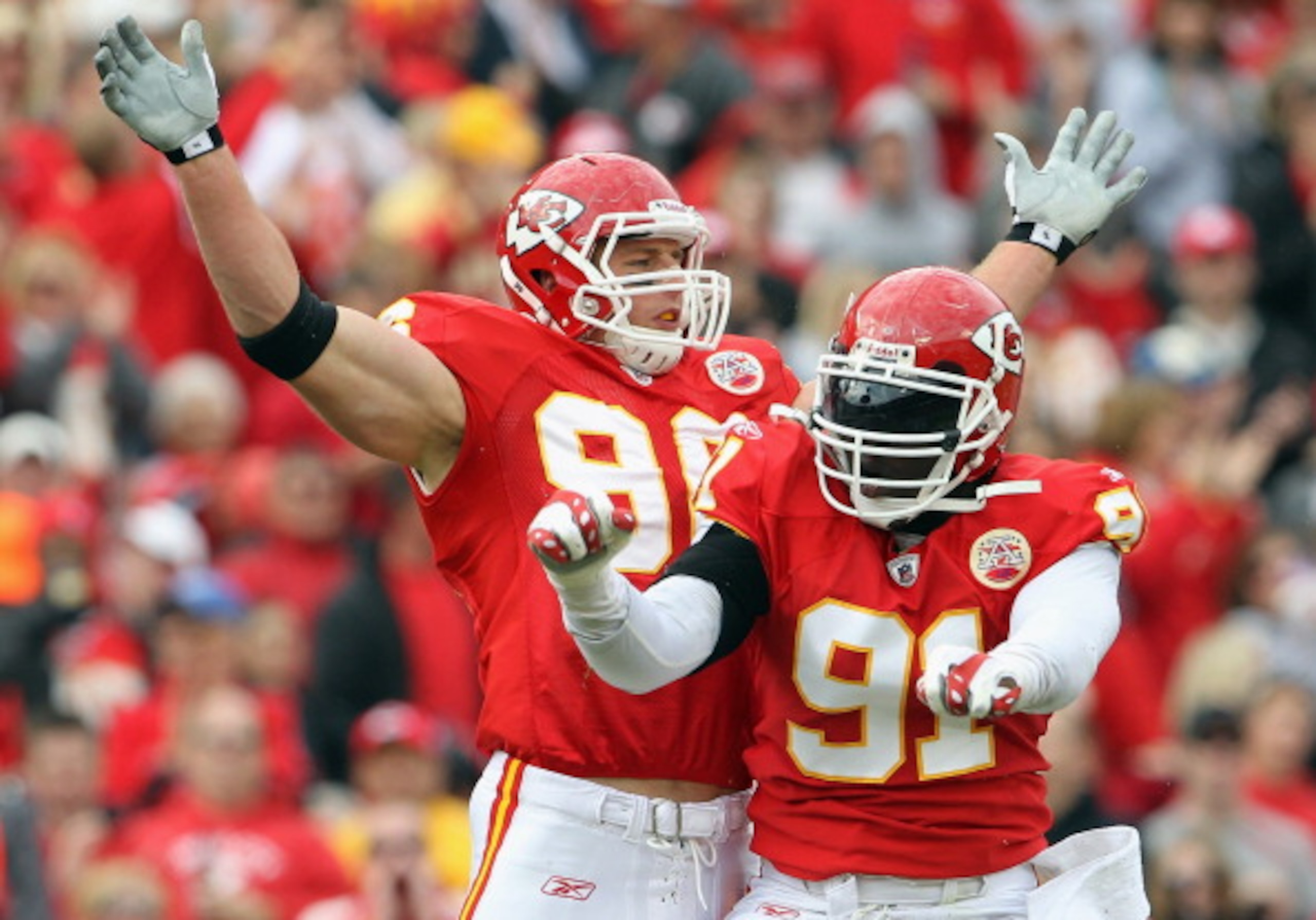 KANSAS CITY, MO - OCTOBER 31:  Andy Studebaker #96 and Tamba Hali #91 of the Kansas City Chiefs celebrate after a tackle during the game against the Buffalo Bills on October 31, 2010  at Arrowhead Stadium in Kansas City, Missouri.  (Photo by Jamie Squire/