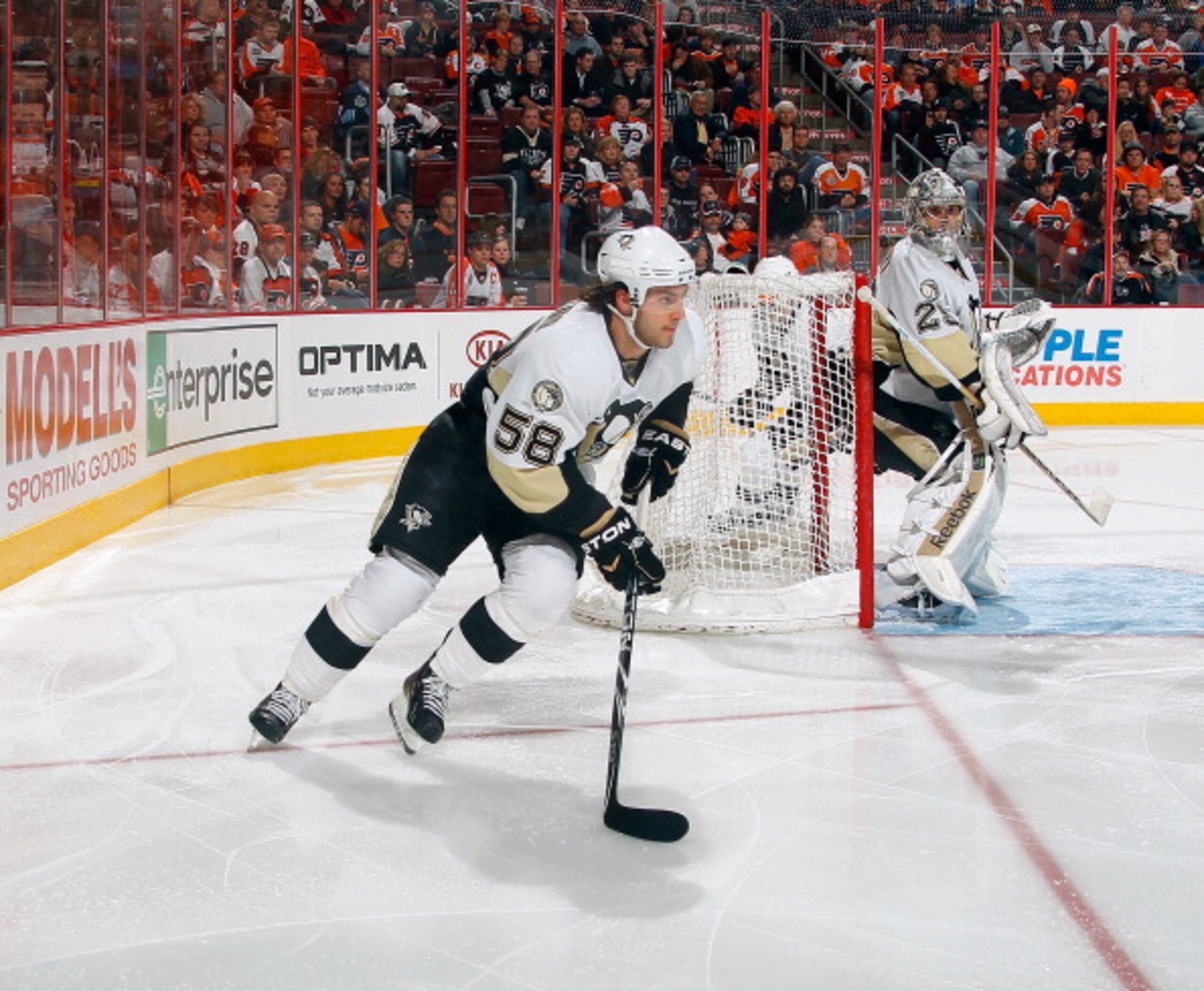 PHILADELPHIA, PA - MARCH 24: Kris Letang #58 of the Pittsburgh Penguins skates with the puck during a game against the Philadelphia Flyers on March 24, 2011 at the Wells Fargo Center in Philadelphia, Pennsylvania. (Photo by Lou Capozzola/Getty Images) PHILADELPHIA, PA - MARCH 24: Kris Letang #58 of the Pittsburgh Penguins skates with the puck during a game against the Philadelphia Flyers on March 24, 2011 at the Wells Fargo Center in Philadelphia, Pennsylvania. (Photo by Lou Capozzola/Getty Images)