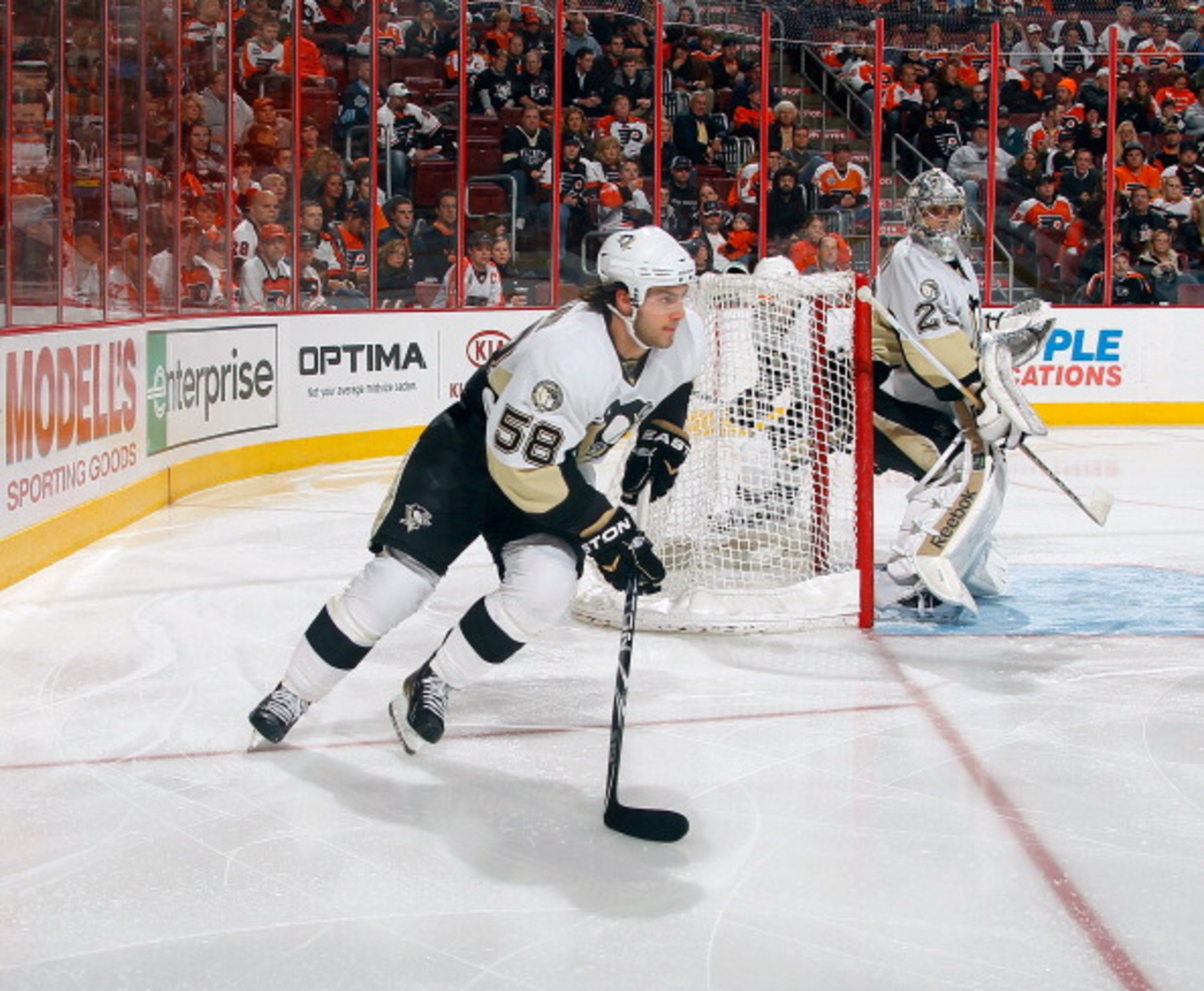 PHILADELPHIA, PA - MARCH 24:  Kris Letang #58 of the Pittsburgh Penguins skates with the puck during a game against the Philadelphia Flyers on March 24, 2011 at the Wells Fargo Center in Philadelphia, Pennsylvania.  (Photo by Lou Capozzola/Getty Images)