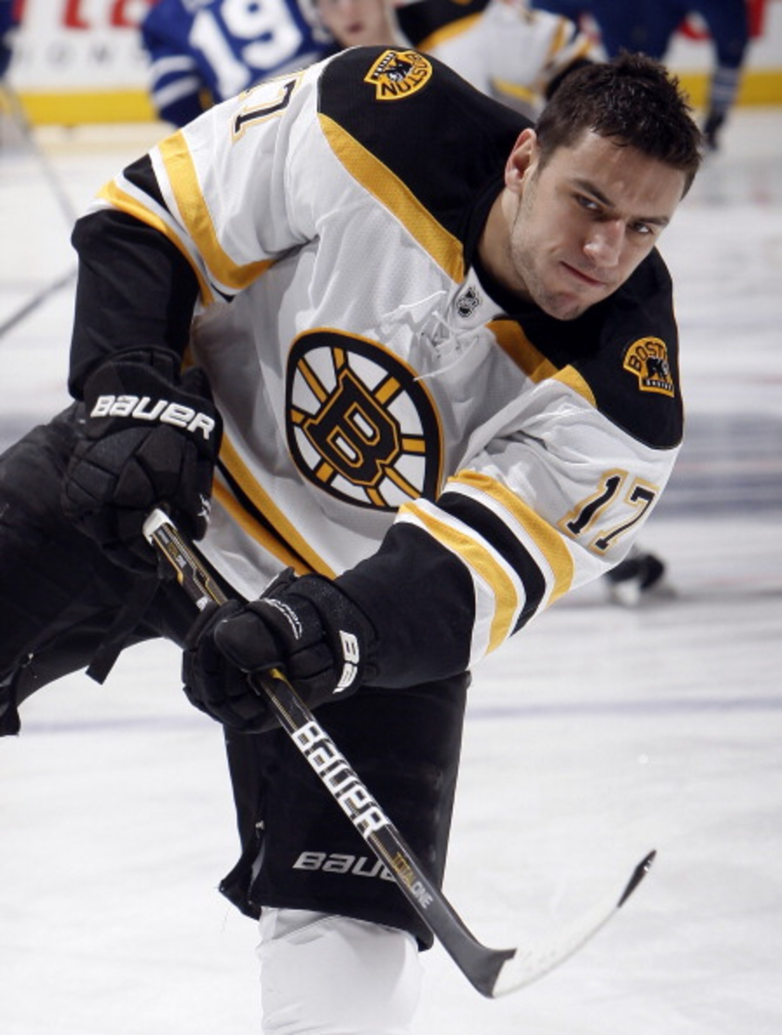 TORONTO, CANADA - MARCH 19: Milan Lucic #17 of the Boston Bruins shoots during warmup before game action at the Air Canada Centre against the Toronto Maple Leafs March 19, 2011 in Toronto, Ontario, Canada. (Photo by Abelimages/Getty Images) TORONTO, CANADA - MARCH 19: Milan Lucic #17 of the Boston Bruins shoots during warmup before game action at the Air Canada Centre against the Toronto Maple Leafs March 19, 2011 in Toronto, Ontario, Canada. (Photo by Abelimages/Getty Images)