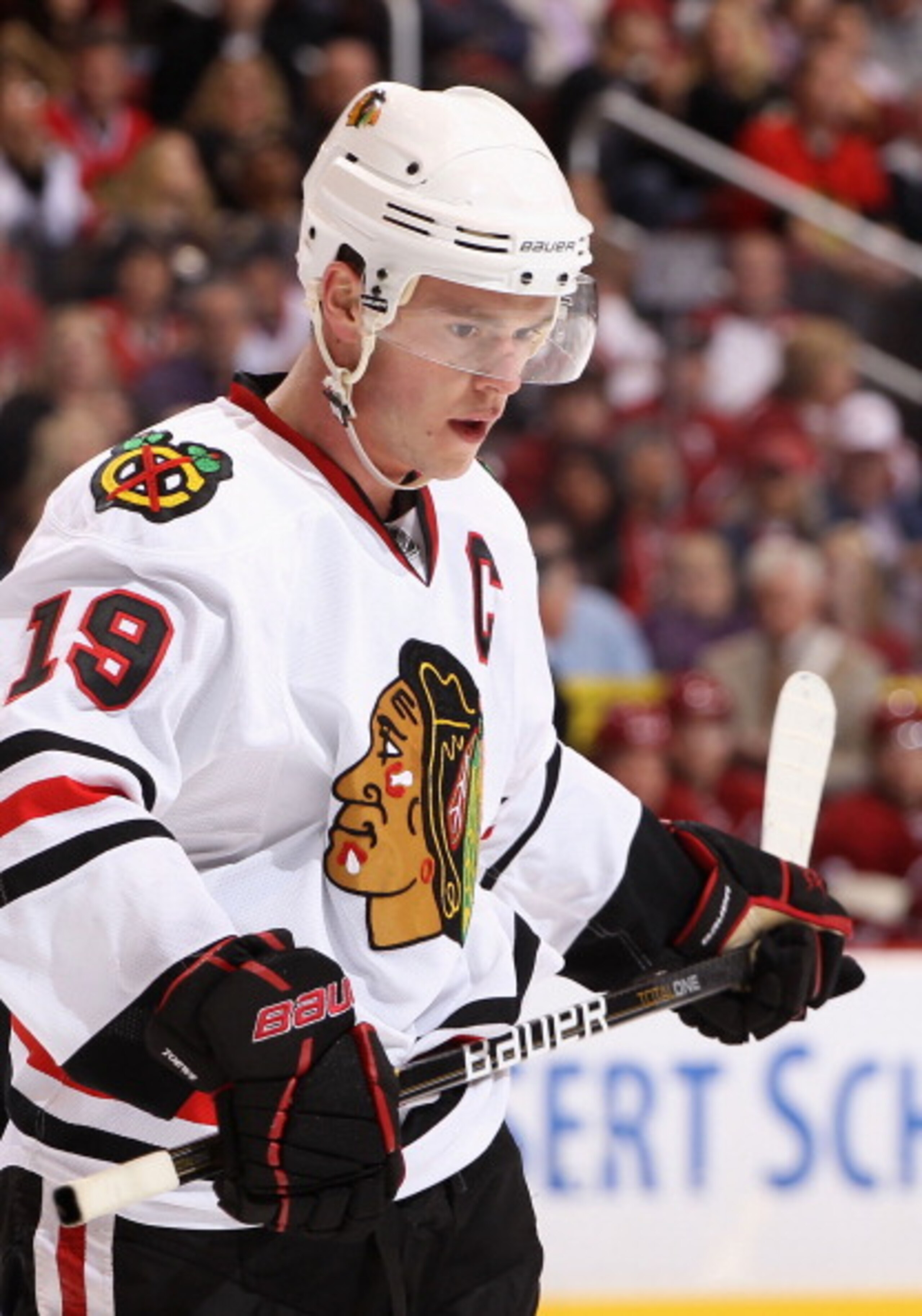 GLENDALE, AZ - MARCH 20: Jonathan Toews #19 of the Chicago Blackhawks during the NHL game against the Phoenix Coyotes at Jobing.com Arena on March 20, 2011 in Glendale, Arizona. The Blackhawks defeated the Coyotes 2-1. (Photo by Christian Petersen/Getty GLENDALE, AZ - MARCH 20: Jonathan Toews #19 of the Chicago Blackhawks during the NHL game against the Phoenix Coyotes at Jobing.com Arena on March 20, 2011 in Glendale, Arizona. The Blackhawks defeated the Coyotes 2-1. (Photo by Christian Petersen/Getty