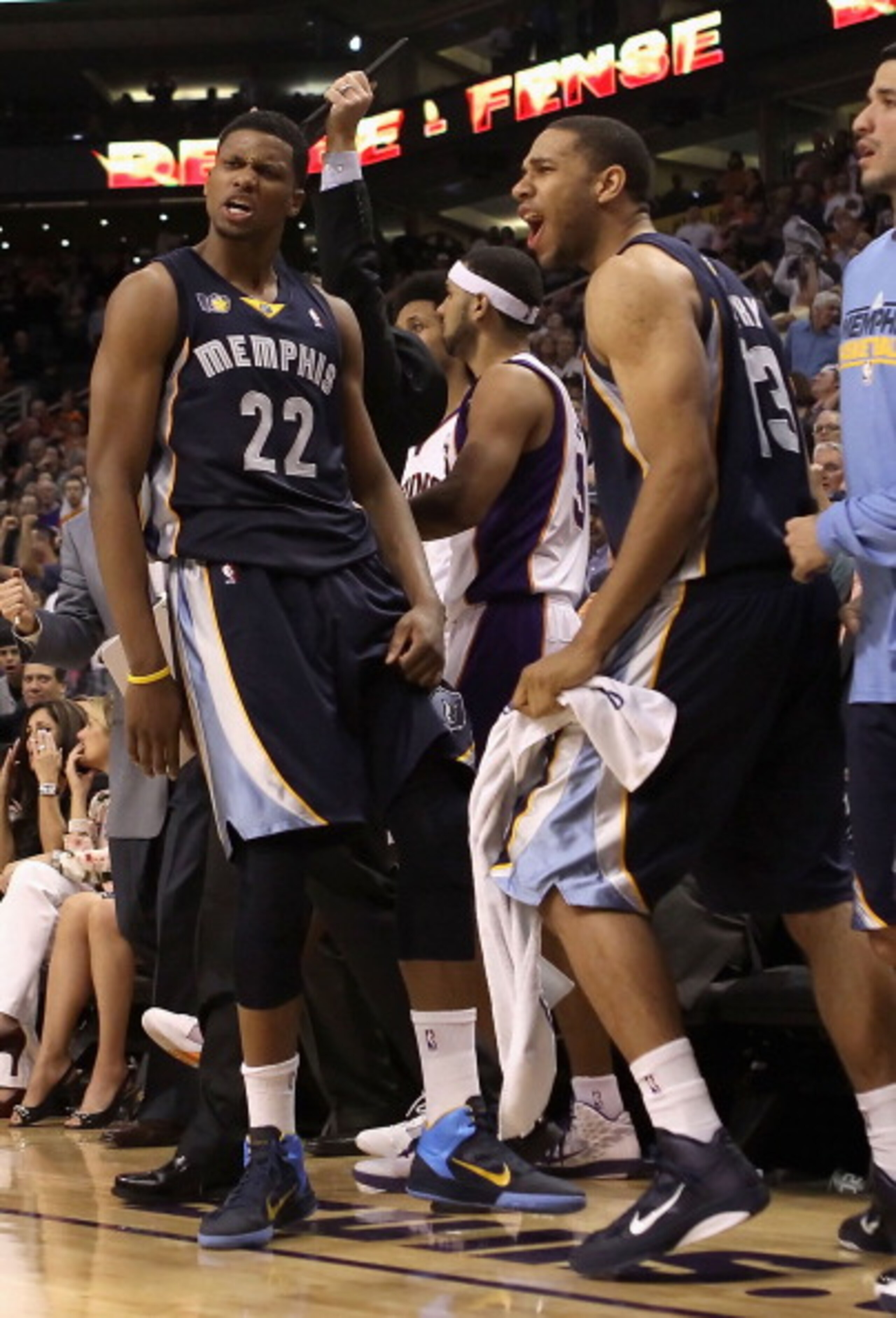PHOENIX - DECEMBER 08: Rudy Gay #22 of the Memphis Grizzlies reacts with Xavier Henry #13 after Gay hit the game tying three point shot against the Phoenix Suns at the end of regulation in the NBA game at US Airways Center on December 8, 2010 in Phoenix, PHOENIX - DECEMBER 08: Rudy Gay #22 of the Memphis Grizzlies reacts with Xavier Henry #13 after Gay hit the game tying three point shot against the Phoenix Suns at the end of regulation in the NBA game at US Airways Center on December 8, 2010 in Phoenix,