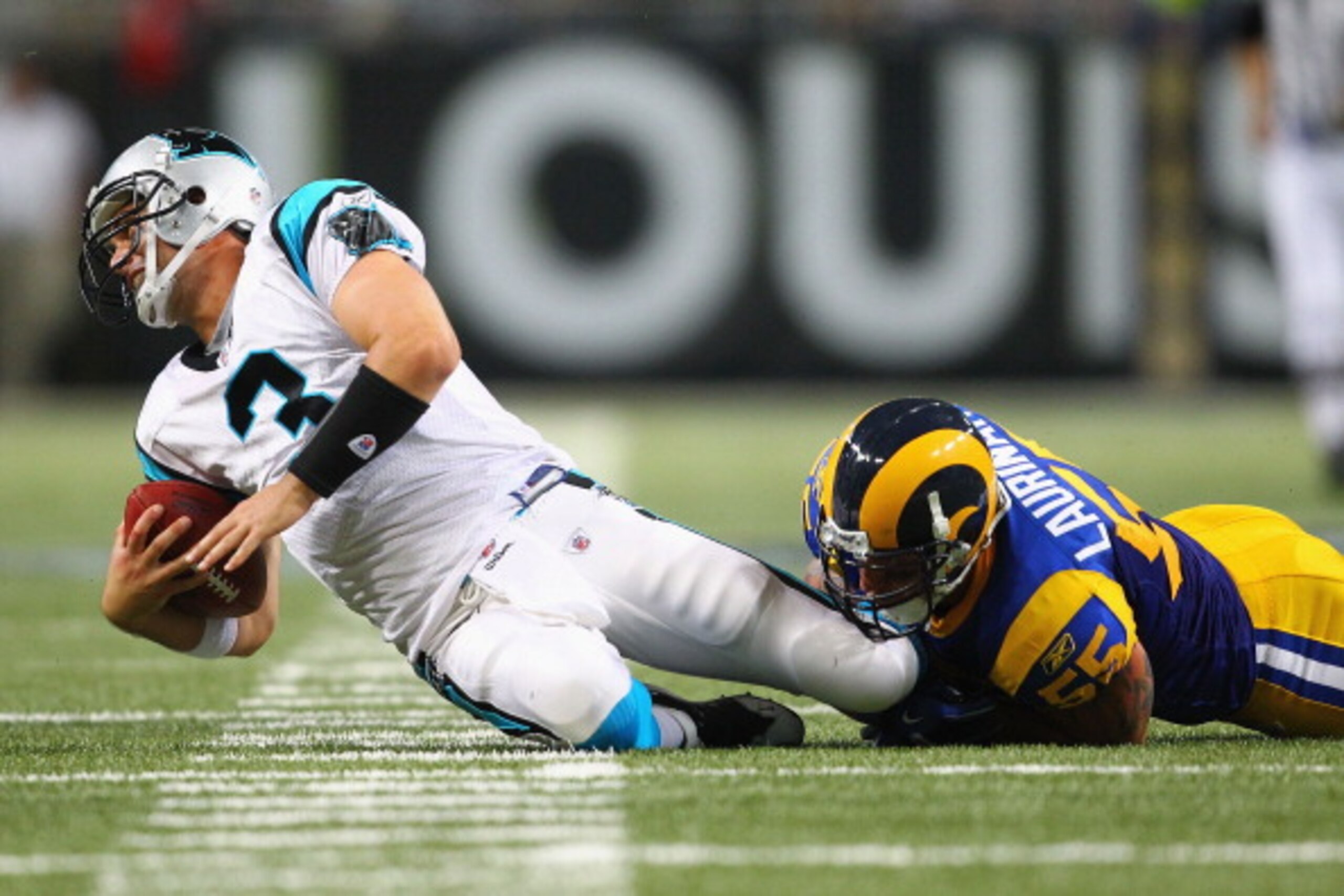 ST. LOUIS - OCTOBER 31: Matt Moore #3 of the Carolina Panthers is sacked by James Laurinaitis #55 of the St. Louis Rams at the Edward Jones Dome on October 31, 2010 in St. Louis, Missouri. The Rams beat the Panthers 20-10. (Photo by Dilip Vishwanat/Gett ST. LOUIS - OCTOBER 31: Matt Moore #3 of the Carolina Panthers is sacked by James Laurinaitis #55 of the St. Louis Rams at the Edward Jones Dome on October 31, 2010 in St. Louis, Missouri. The Rams beat the Panthers 20-10. (Photo by Dilip Vishwanat/Gett