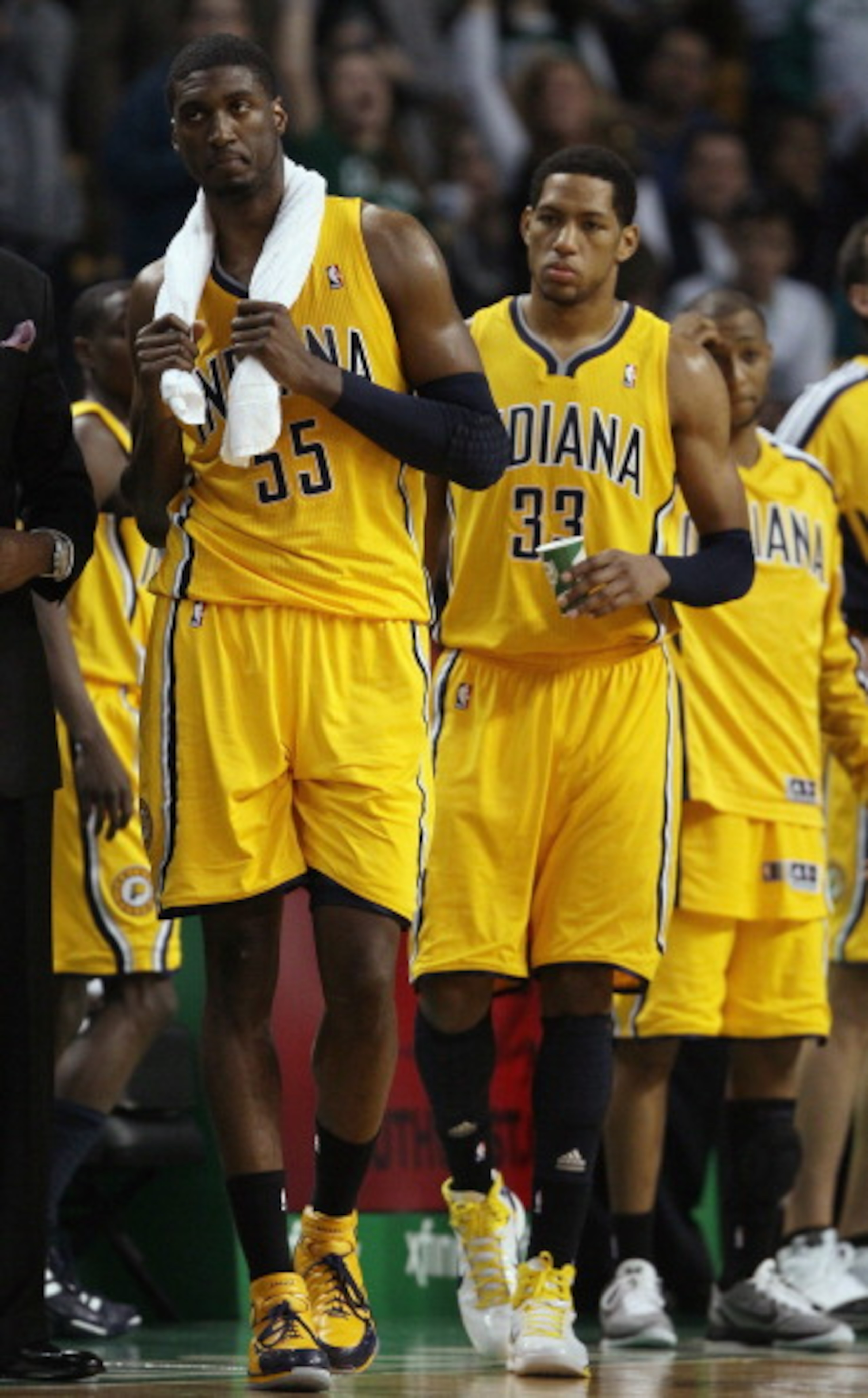 BOSTON, MA - MARCH 16: Roy Hibbert #55 and Danny Granger #33 of the Indiana Pacers react after the game against the Boston Celtics on March 16, 2011 at the TD Garden in Boston, Massachusetts. The Celtics defeated the Indiana Pacers 92-80. NOTE TO USER: U BOSTON, MA - MARCH 16: Roy Hibbert #55 and Danny Granger #33 of the Indiana Pacers react after the game against the Boston Celtics on March 16, 2011 at the TD Garden in Boston, Massachusetts. The Celtics defeated the Indiana Pacers 92-80. NOTE TO USER: U
