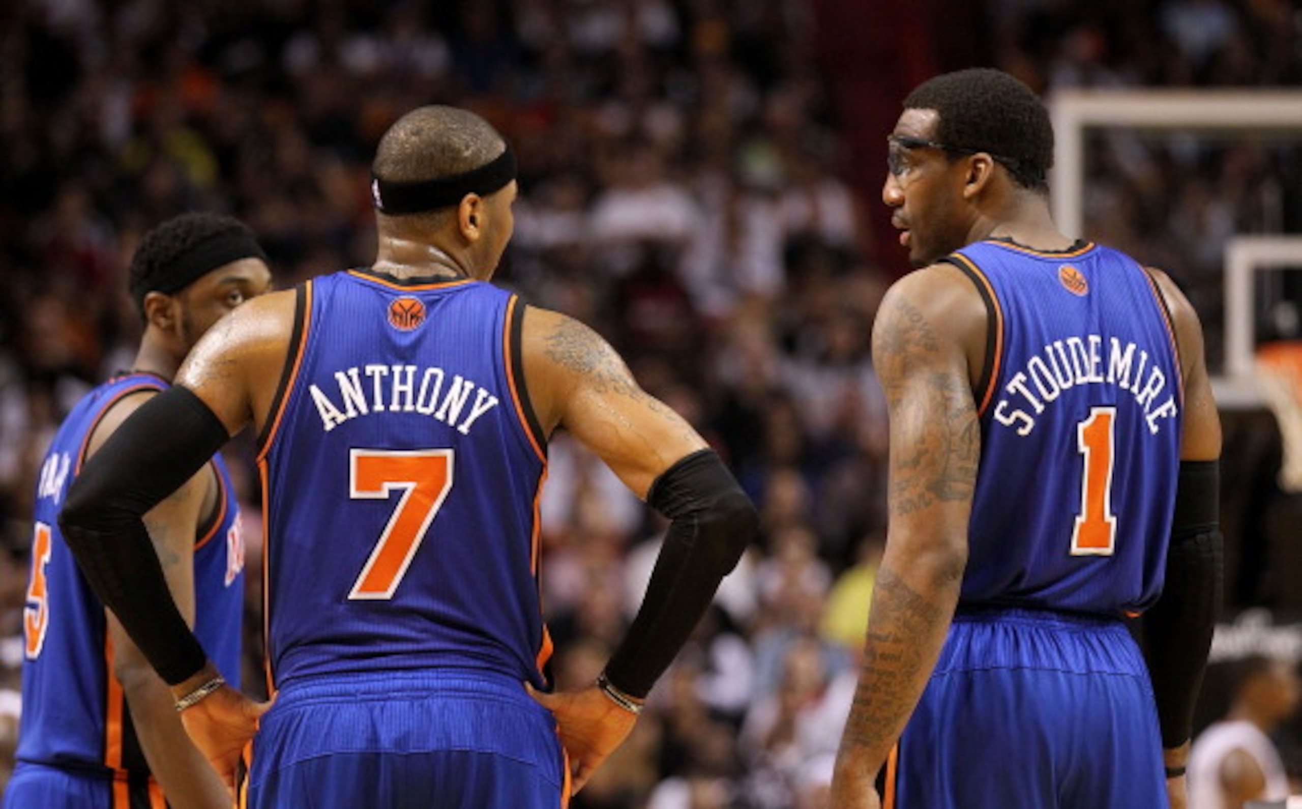 MIAMI, FL - FEBRUARY 27: Carmelo Anthony #7 and Amar'e Stoudemire #1 of the New York Knicks talk during a game against the the Miami Heat at American Airlines Arena on February 27, 2011 in Miami, Florida. NOTE TO USER: User expressly acknowledges and agr MIAMI, FL - FEBRUARY 27: Carmelo Anthony #7 and Amar'e Stoudemire #1 of the New York Knicks talk during a game against the the Miami Heat at American Airlines Arena on February 27, 2011 in Miami, Florida. NOTE TO USER: User expressly acknowledges and agr