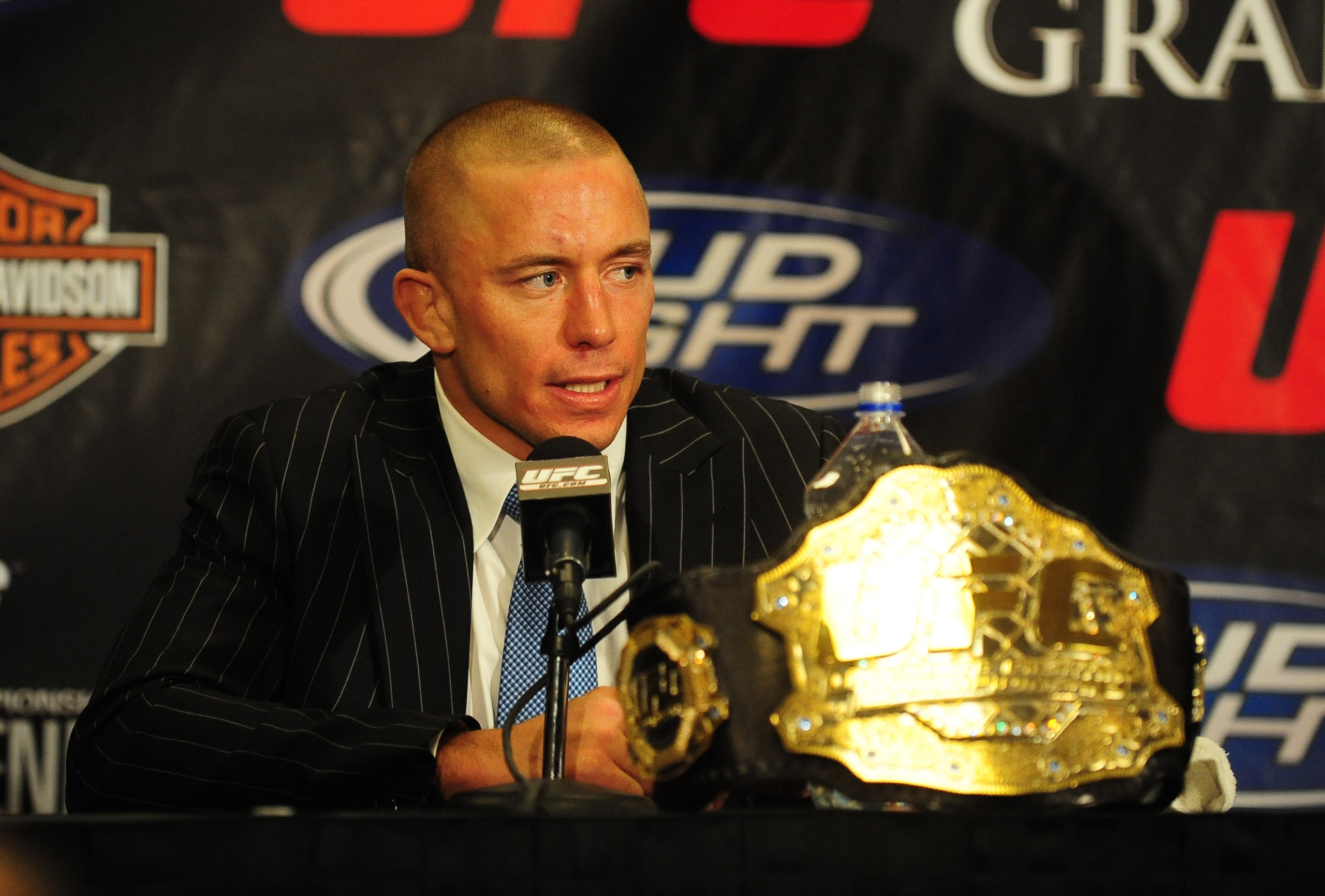 Jan. 31, 2009; Las Vegas, NV, USA; UFC fighter Georges St-Pierre during the post fight press conference after defeating B.J. Penn (not pictured) during the welterweight championship in UFC 94 at the MGM Grand Hotel and Casino. St-Pierre defeated Penn with