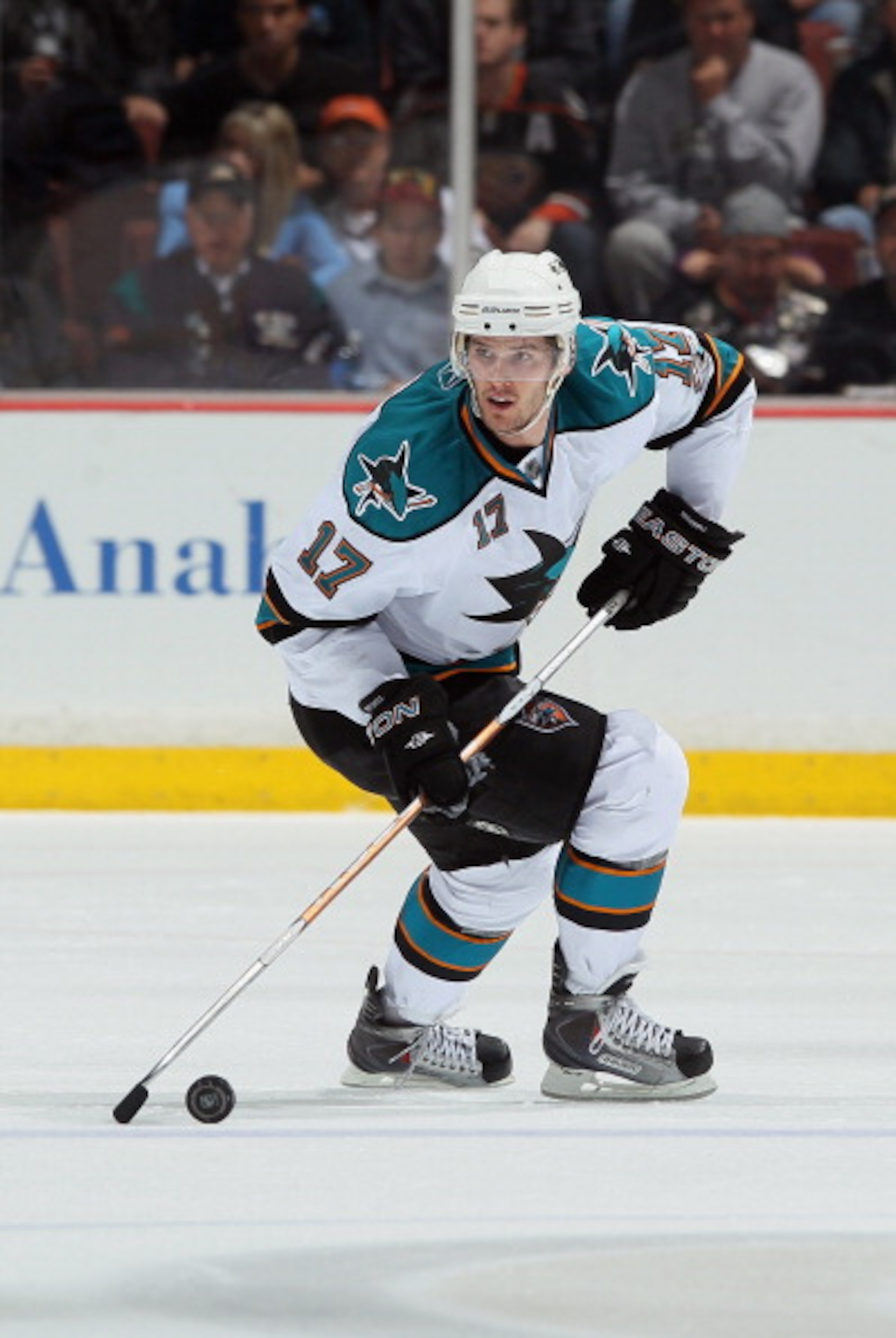 ANAHEIM, CA - APRIL 06:  Torrey Mitchell #17 of the San Jose Sharks skates against the Anaheim Ducks at Honda Center on April 6, 2011 in Anaheim, California.  (Photo by Jeff Gross/Getty Images)
