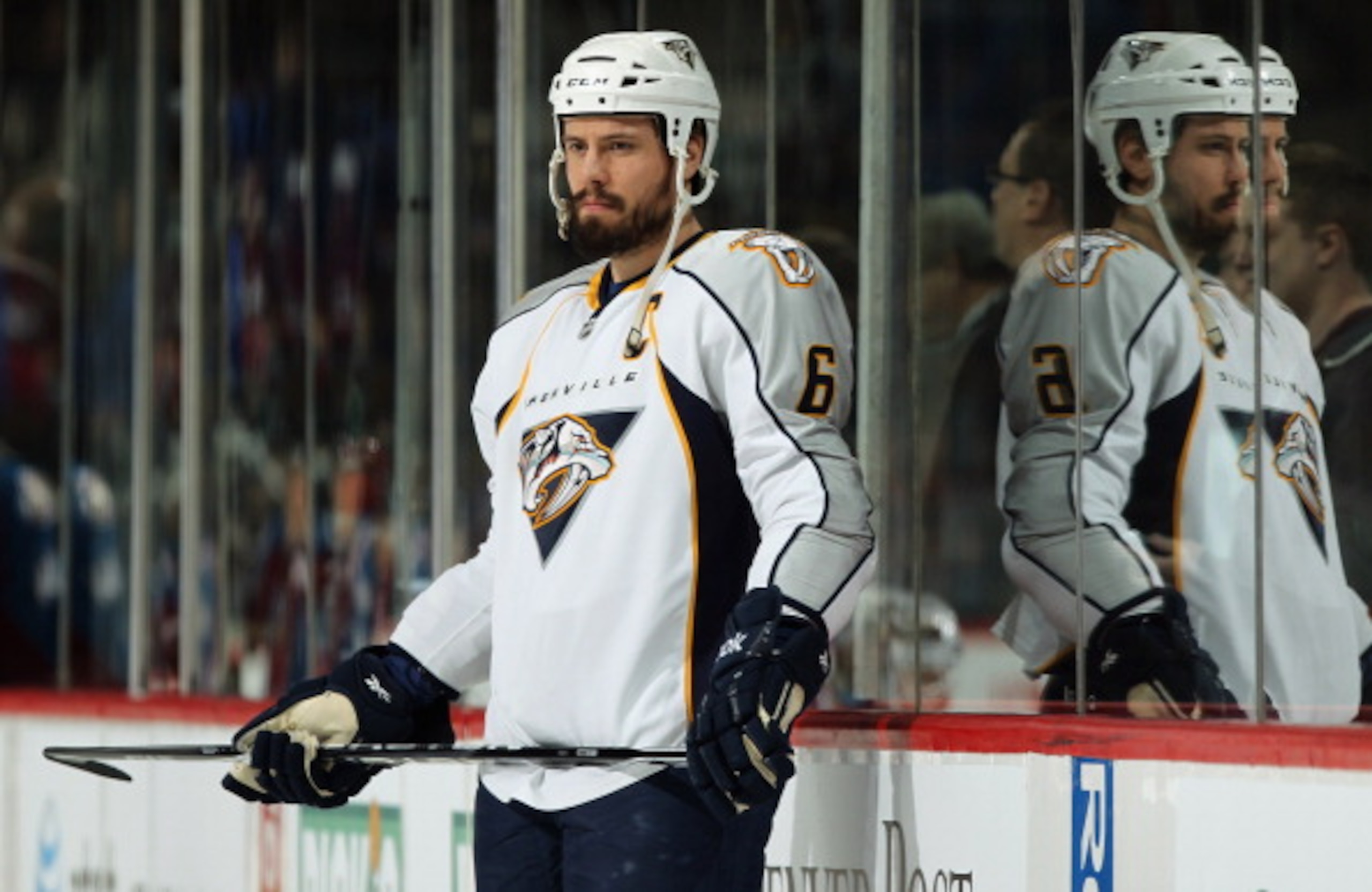 DENVER, CO - MARCH 31:  Shea Weber #6 of the Nashville Predators warms up prior to facing the Colorado Avalanche at the Pepsi Center on March 31, 2011 in Denver, Colorado.  (Photo by Doug Pensinger/Getty Images)