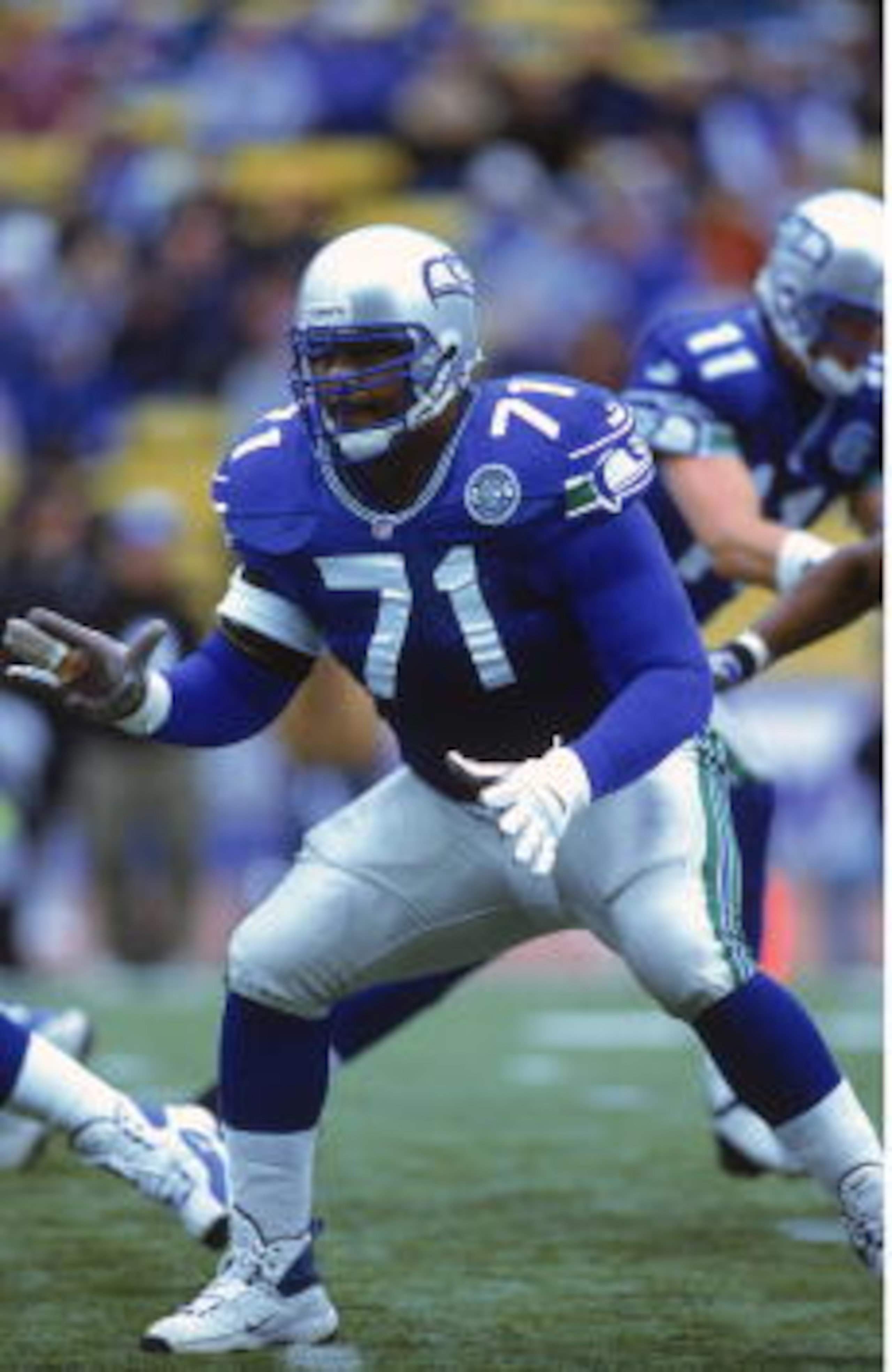 15 Oct 2000:  Walter Jones #71 of the Seattle Seahawks is ready on the field during the game against the Indianapolis Colts at the Husky Stadium in Seattle, Washington. The Colts defeated the Seahawks 37-24.Mandatory Credit: Tom Hauck  /Allsport