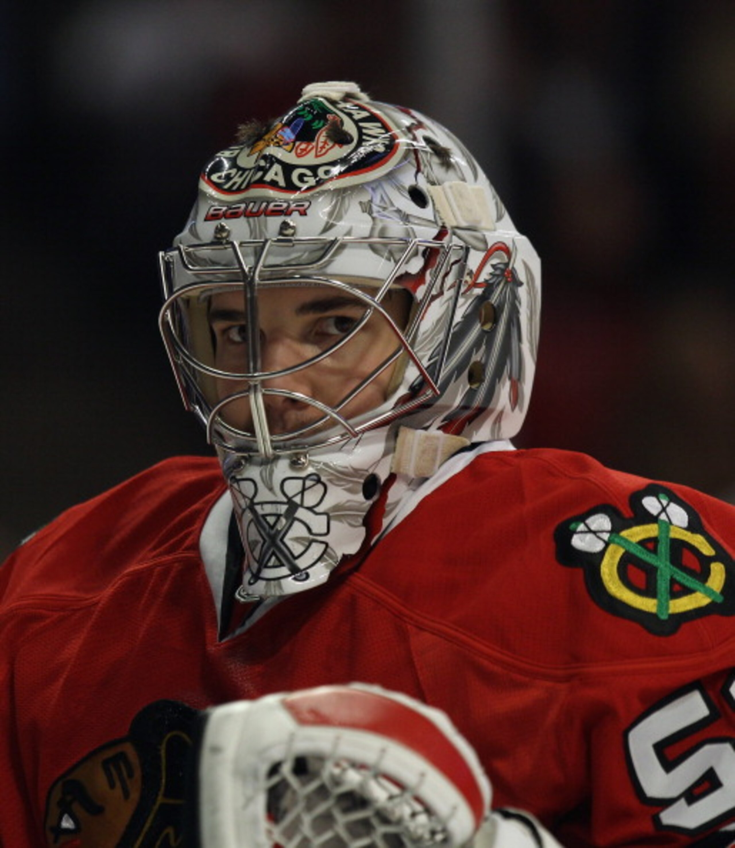 CHICAGO, IL - APRIL 10: Corey Crawford #50 of the Chicago Blackhawks rests during a break in the action against the Detroit Red Wings at the United Center on April 10, 2011 in Chicago, Illinois. The Red Wings defeated the Blackhawks 4-3. (Photo by Jonatha CHICAGO, IL - APRIL 10: Corey Crawford #50 of the Chicago Blackhawks rests during a break in the action against the Detroit Red Wings at the United Center on April 10, 2011 in Chicago, Illinois. The Red Wings defeated the Blackhawks 4-3. (Photo by Jonatha