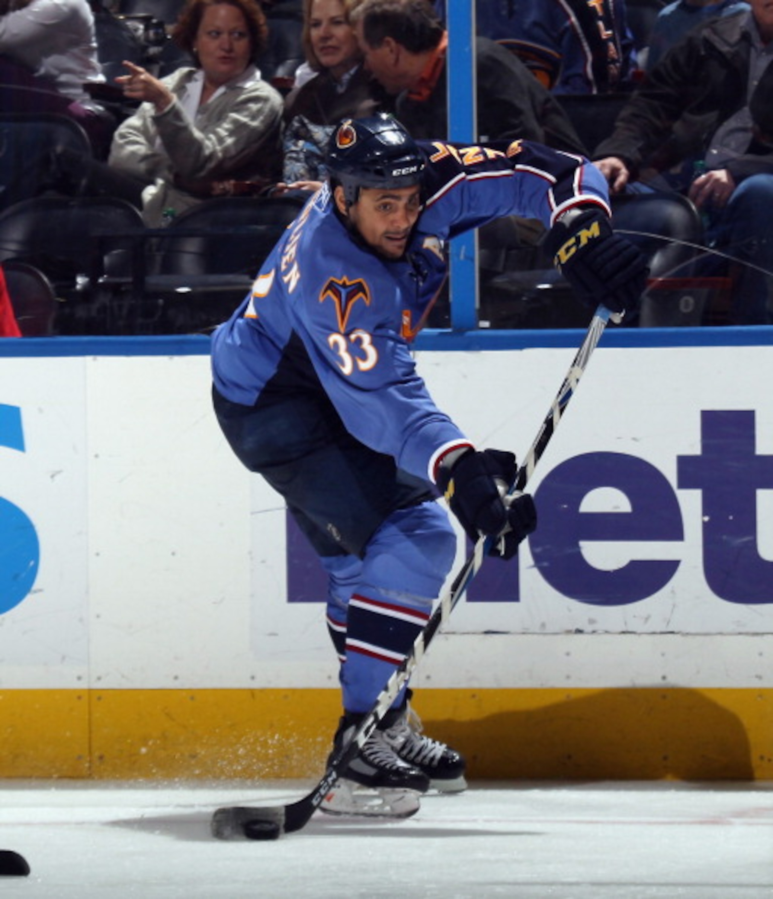 ATLANTA, GA - MARCH 27: Dustin Byfuglien #33 of the Atlanta Thrashers skates against the Ottawa Senators at the Philips Arena on March 27, 2011 in Atlanta, Georgia. The Thrashers defeated the 5-4 in the shoot out. (Photo by Bruce Bennett/Getty Images) ATLANTA, GA - MARCH 27: Dustin Byfuglien #33 of the Atlanta Thrashers skates against the Ottawa Senators at the Philips Arena on March 27, 2011 in Atlanta, Georgia. The Thrashers defeated the 5-4 in the shoot out. (Photo by Bruce Bennett/Getty Images)