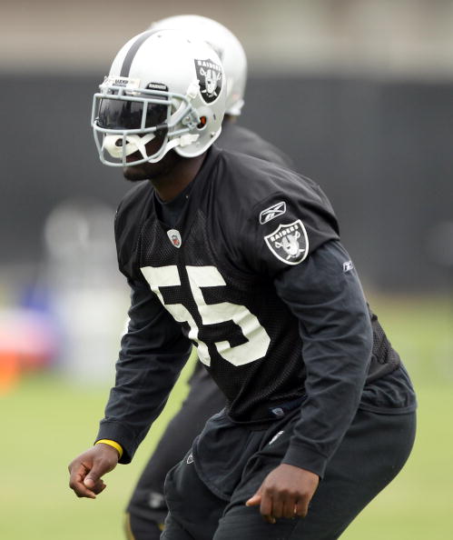 NAPA, CA - AUGUST 01:  Rolando McClain #55 of the Oakland Raiders works out during the Raiders training camp at their Napa Valley Training Complex on August 1, 2010 in Napa, California.  (Photo by Ezra Shaw/Getty Images)