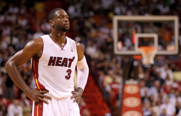 MIAMI, FL - APRIL 08: Dwyane Wade #3 of the Miami Heat looks on during a game against the Charlotte Bobcats at American Airlines Arena on April 8, 2011 in Miami, Florida. NOTE TO USER: User expressly acknowledges and agrees that, by downloading and/or usi