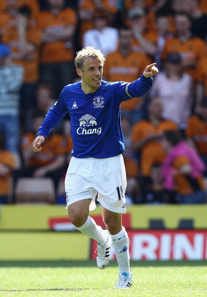 WOLVERHAMPTON, ENGLAND - APRIL 09:  Phil Neville of Everton celebrates scoring the second goal during the Barclays Premier League match between Wolverhampton Wanderers and Everton at Molineux on April 9, 2011 in Wolverhampton, England.  (Photo by Richard