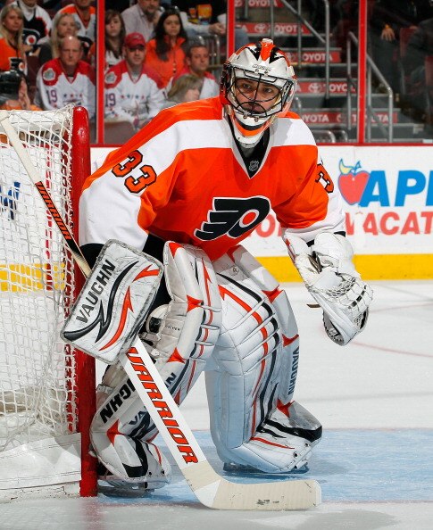 PHILADELPHIA, PA - MARCH 22:  Goalie Brian Boucher #33 of the Philadelphia Flyers concentrates during an NHL hockey game against the Washington Capitals at the Wells Fargo Center on March 22, 2011 in Philadelphia, Pennsylvania.  (Photo by Paul Bereswill/G