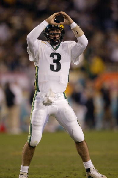 01 Jan 2002 : Joey Harrington of Oregon celebrates his third quarter touchdown against Colorado during the game at the Fiesta Bowl at Sun Devil Stadium in Tempe, Arizona. The Oregon Ducks won 38-16. DIGITAL IMAGE. Mandatory Credit: Brian Bahr/Getty Image 01 Jan 2002 : Joey Harrington of Oregon celebrates his third quarter touchdown against Colorado during the game at the Fiesta Bowl at Sun Devil Stadium in Tempe, Arizona. The Oregon Ducks won 38-16. DIGITAL IMAGE. Mandatory Credit: Brian Bahr/Getty Image