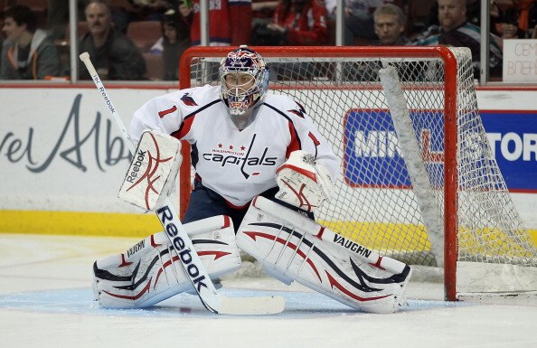ANAHEIM, CA - FEBRUARY 16:  Goaltender Semyon Varlamov #1 of the Washington Capitals warms up prior to the start of the game against the Anaheim Ducks at Honda Center on February 16, 2011 in Anaheim, California.  (Photo by Jeff Gross/Getty Images)