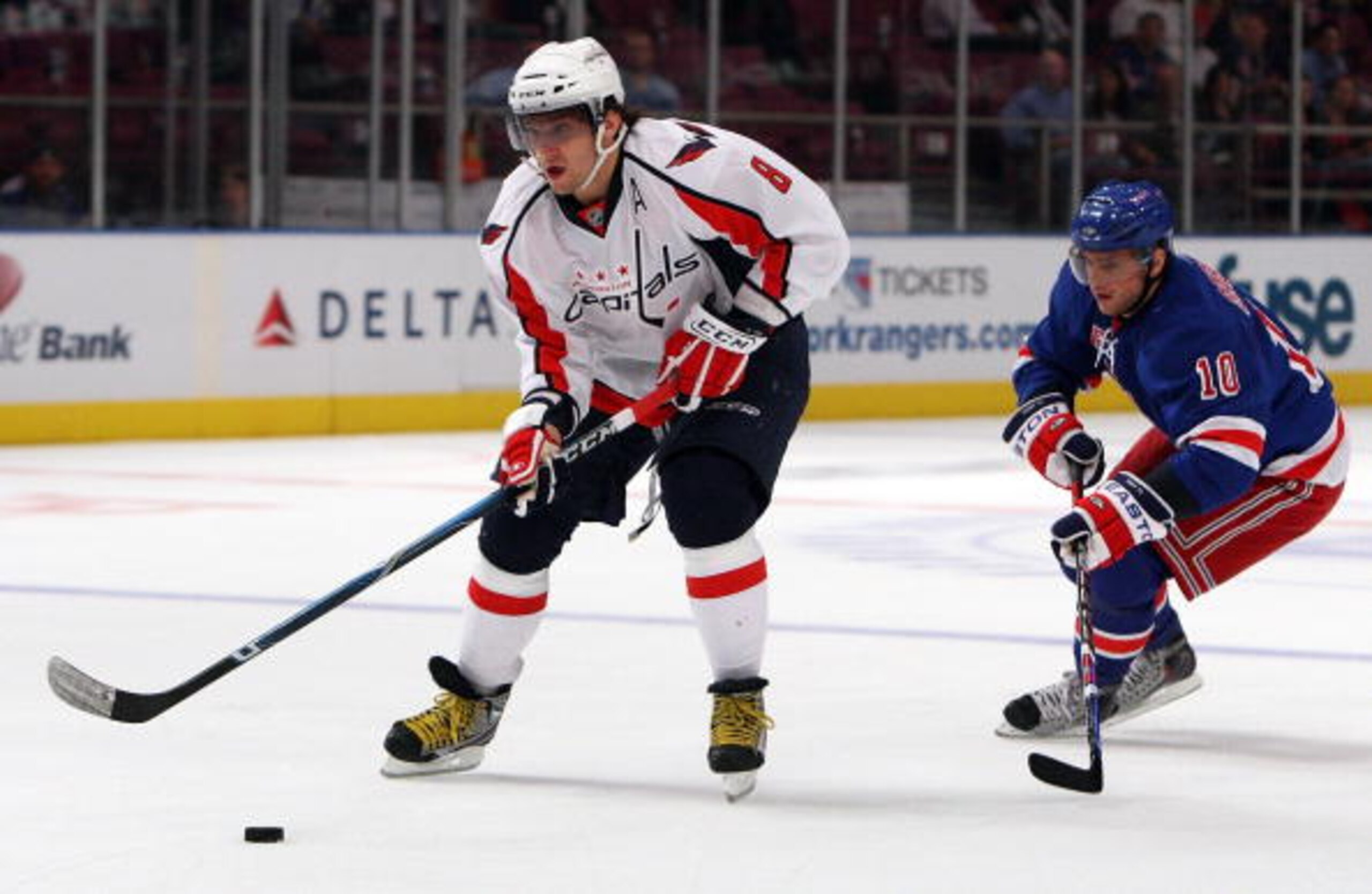 NEW YORK - SEPTEMBER 24:  Alex Ovechkin #8 of the Washington Capitals skates against Marian Gaborik #10 of the New York Rangers during their preseason game on  September 24, 2009 at Madison Square Garden in New York City.  (Photo by Jim McIsaac/Getty Imag