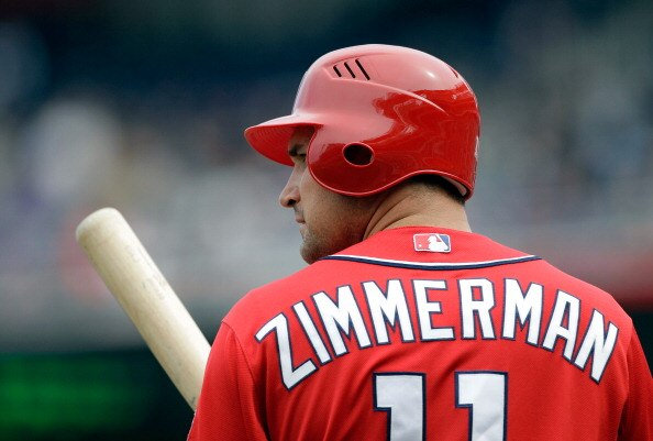 WASHINGTON, DC - APRIL 03:  Ryan Zimmerman #11 of the Washington Nationals at the plate against the Atlanta Braves at Nationals Park on April 3, 2011 in Washington, DC.  (Photo by Rob Carr/Getty Images)
