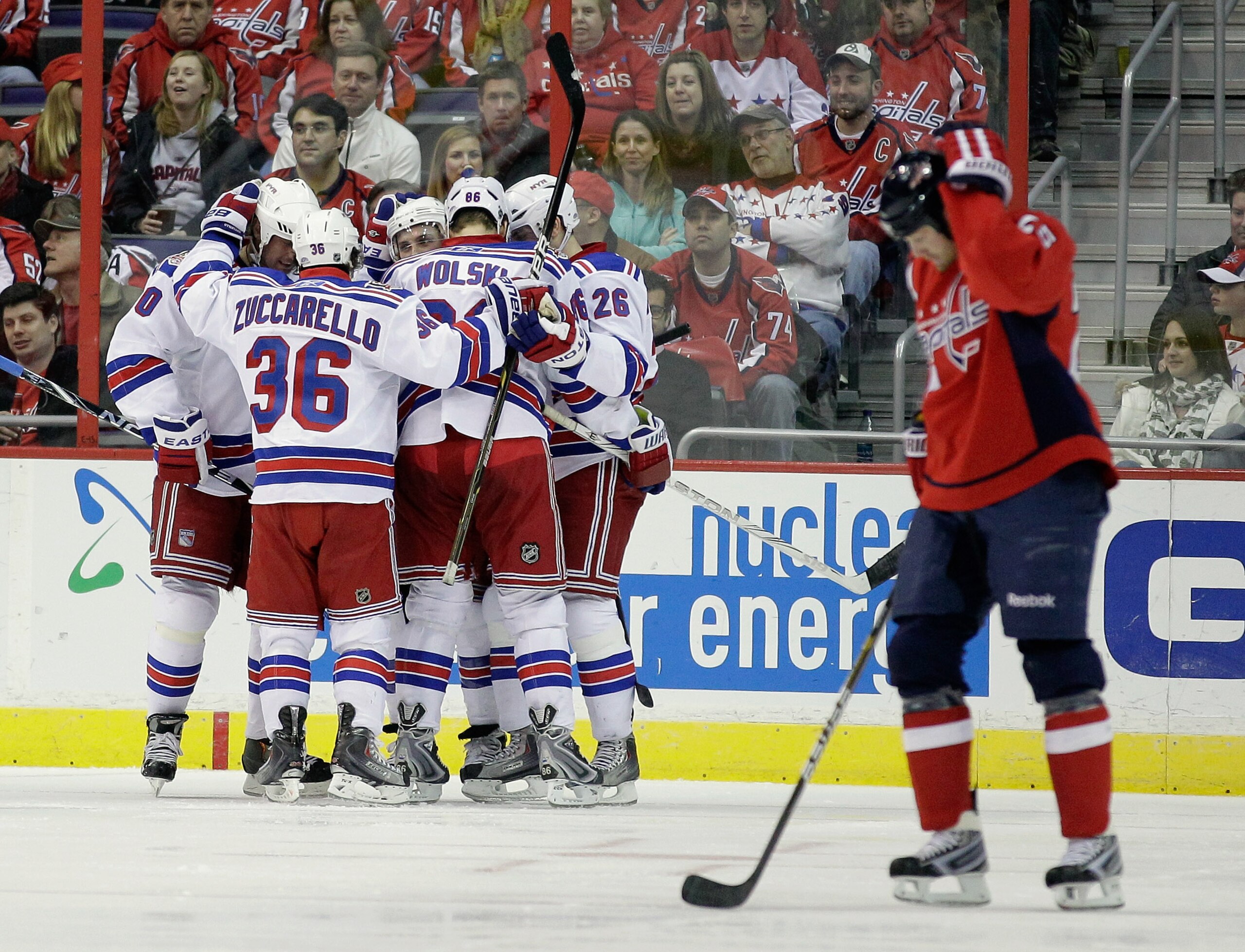WASHINGTON, DC - FEBRUARY 25:  Members of the New York Rangers celebrate scoring a goal against the Washington Capitals at the Verizon Center on February 25, 2011 in Washington, DC.  (Photo by Rob Carr/Getty Images)