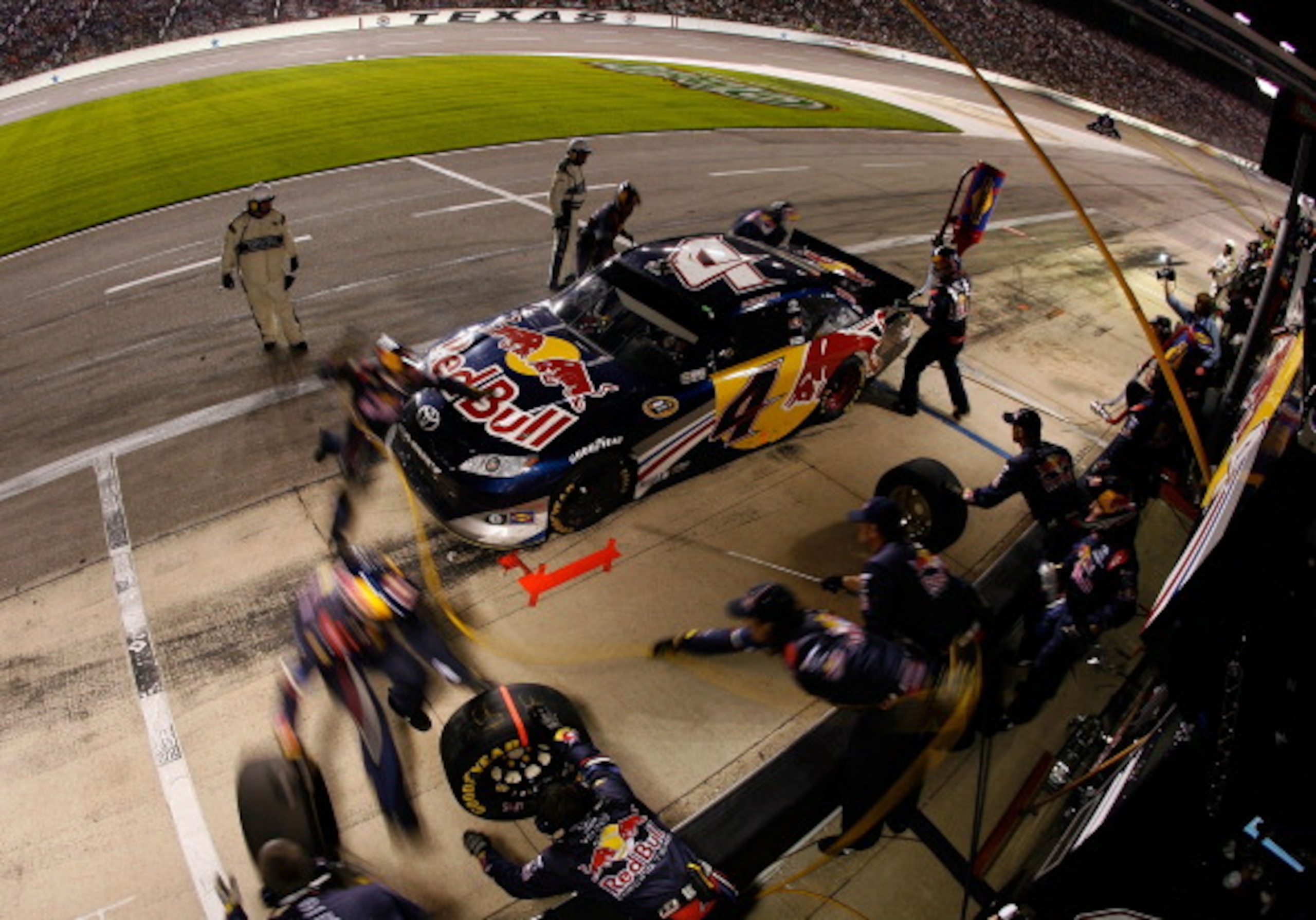 FORT WORTH, TX - APRIL 09:  Kasey Kahne pits the #4 Red Bull Toyota during the NASCAR Sprint Cup Series Samsung Mobile 500 at Texas Motor Speedway on April 9, 2011 in Fort Worth, Texas.  (Photo by Tom Pennington/Getty Images for NASCAR)