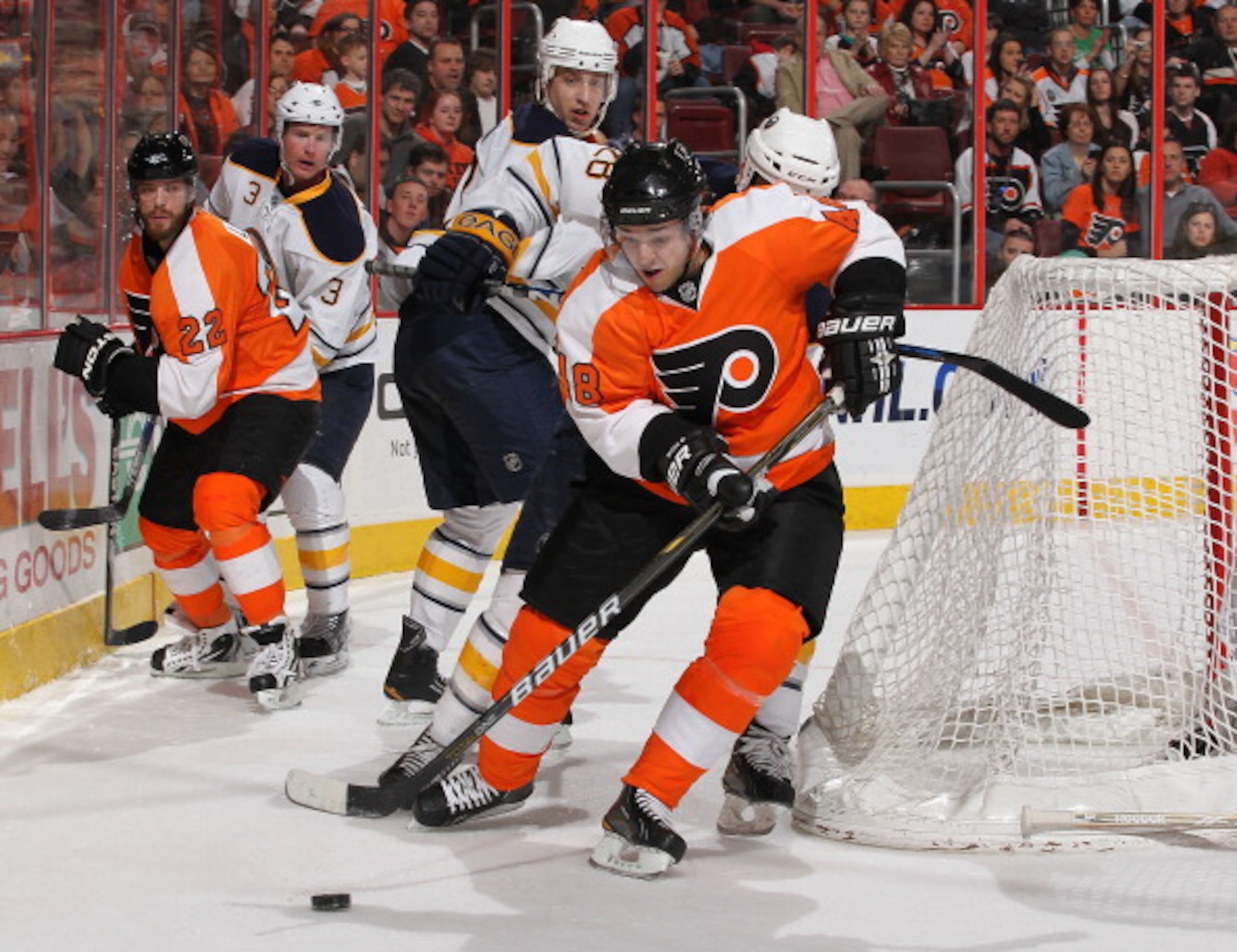 PHILADELPHIA - MARCH 05: Danny Briere #48 of The Philadelphia Flyers makes a save against the Buffalo Sabres during their game on March 5, 2011 at The Wells Fargo Center in Philadelphia, Pennsylvania. (Photo by Al Bello/Getty Images) PHILADELPHIA - MARCH 05: Danny Briere #48 of The Philadelphia Flyers makes a save against the Buffalo Sabres during their game on March 5, 2011 at The Wells Fargo Center in Philadelphia, Pennsylvania. (Photo by Al Bello/Getty Images)
