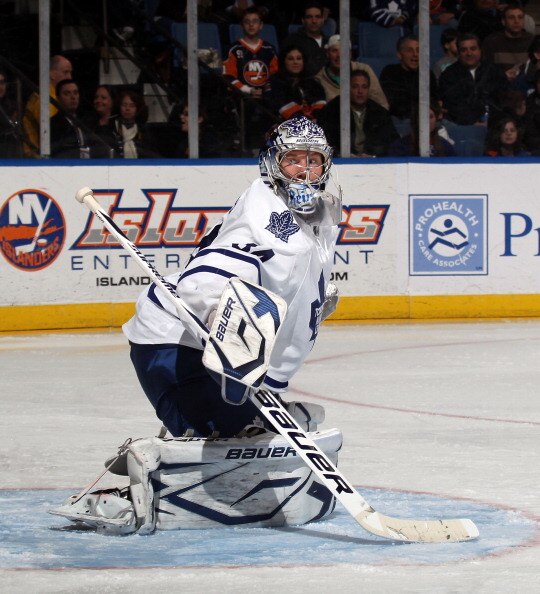 UNIONDALE, NY - MARCH 08:  James Reimer #34 of the Toronto Maple Leafs tends net against the New York Islanders at the Nassau Coliseum on March 8, 2011 in Uniondale, New York. The Islanders defeated the Leafs 4-3 in overtime.  (Photo by Bruce Bennett/Gett