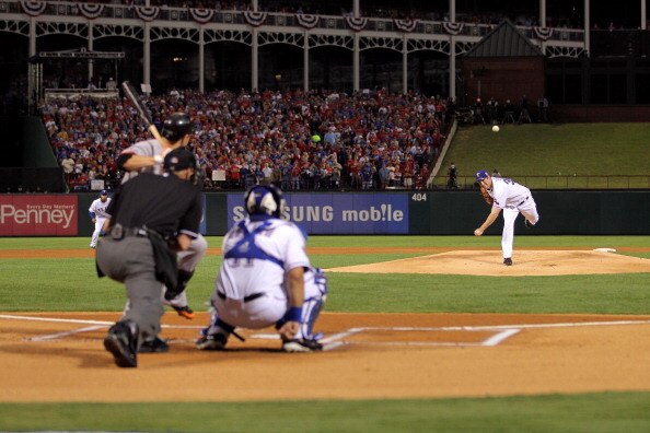 ARLINGTON, TX - NOVEMBER 01:  Cliff Lee #33 of the Texas Rangers pitches against the San Francisco Giants in Game Five of the 2010 MLB World Series at Rangers Ballpark in Arlington on November 1, 2010 in Arlington, Texas.  (Photo by Doug Pensinger/Getty I