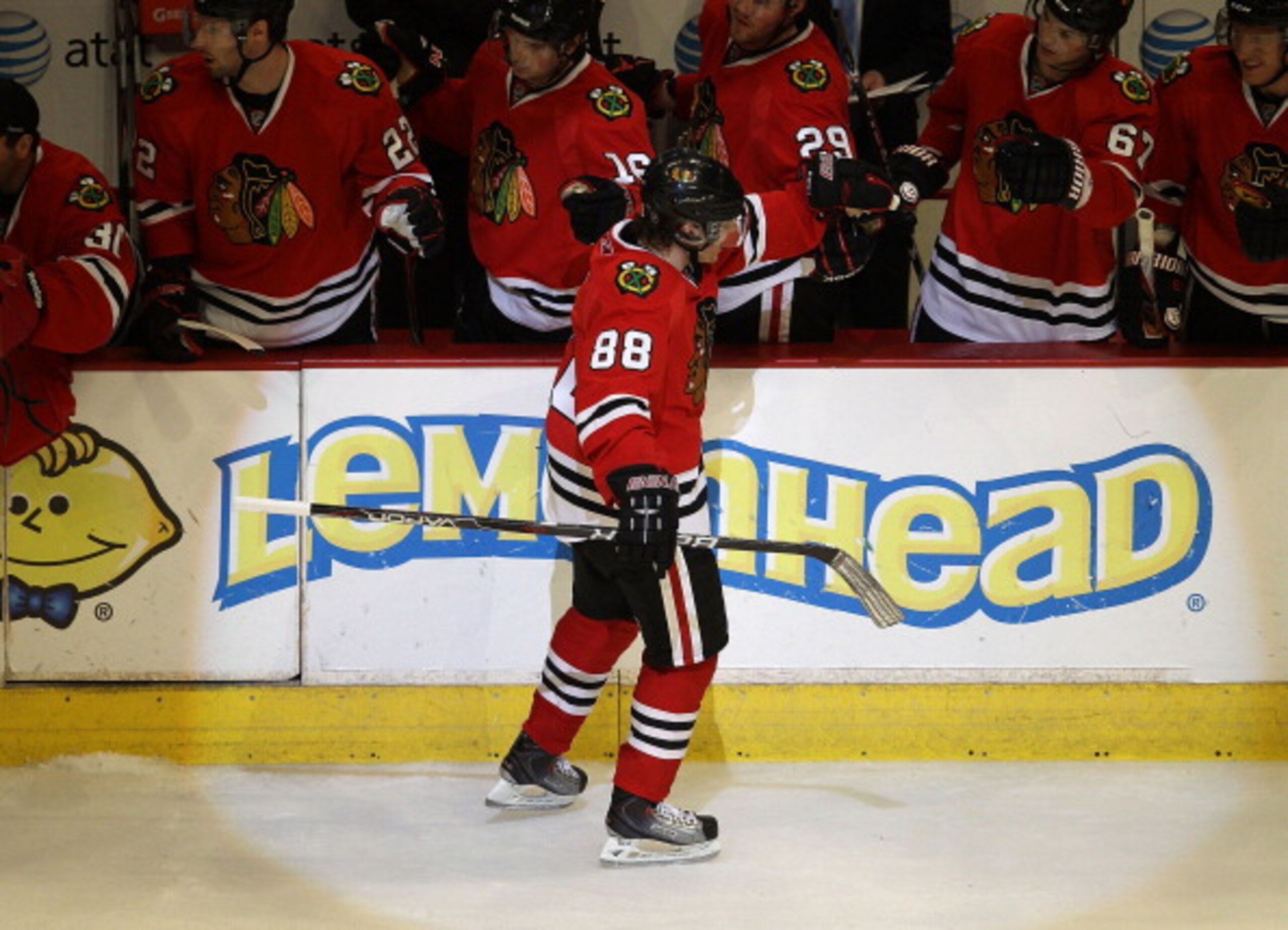 CHICAGO, IL - MARCH 23: Patrick Kane #88 of the Chicago Blackhawks is congratulated by teammates after scoring a goal against the Florida Panthers at the United Center on March 23, 2011 in Chicago, Illinois. The Blackhawks defeated the Panthers 4-0.  (Pho