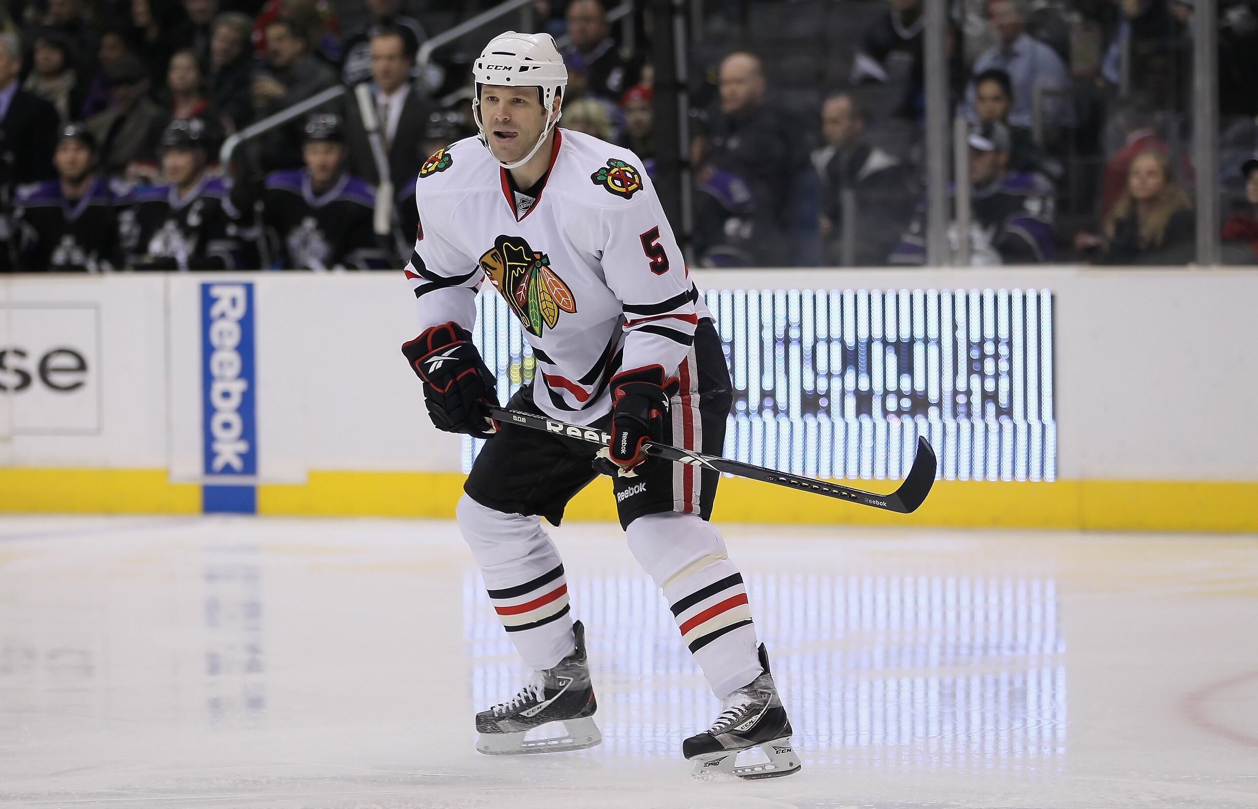 LOS ANGELES, CA - JANUARY 03:  Jassen Cullimore #5 of the Chicago Blackhawks skates against the Los Angeles Kings at Staples Center on January 3, 2011 in Los Angeles, California. The Blackhawks defeated the Kings 4-3.  (Photo by Jeff Gross/Getty Images)
