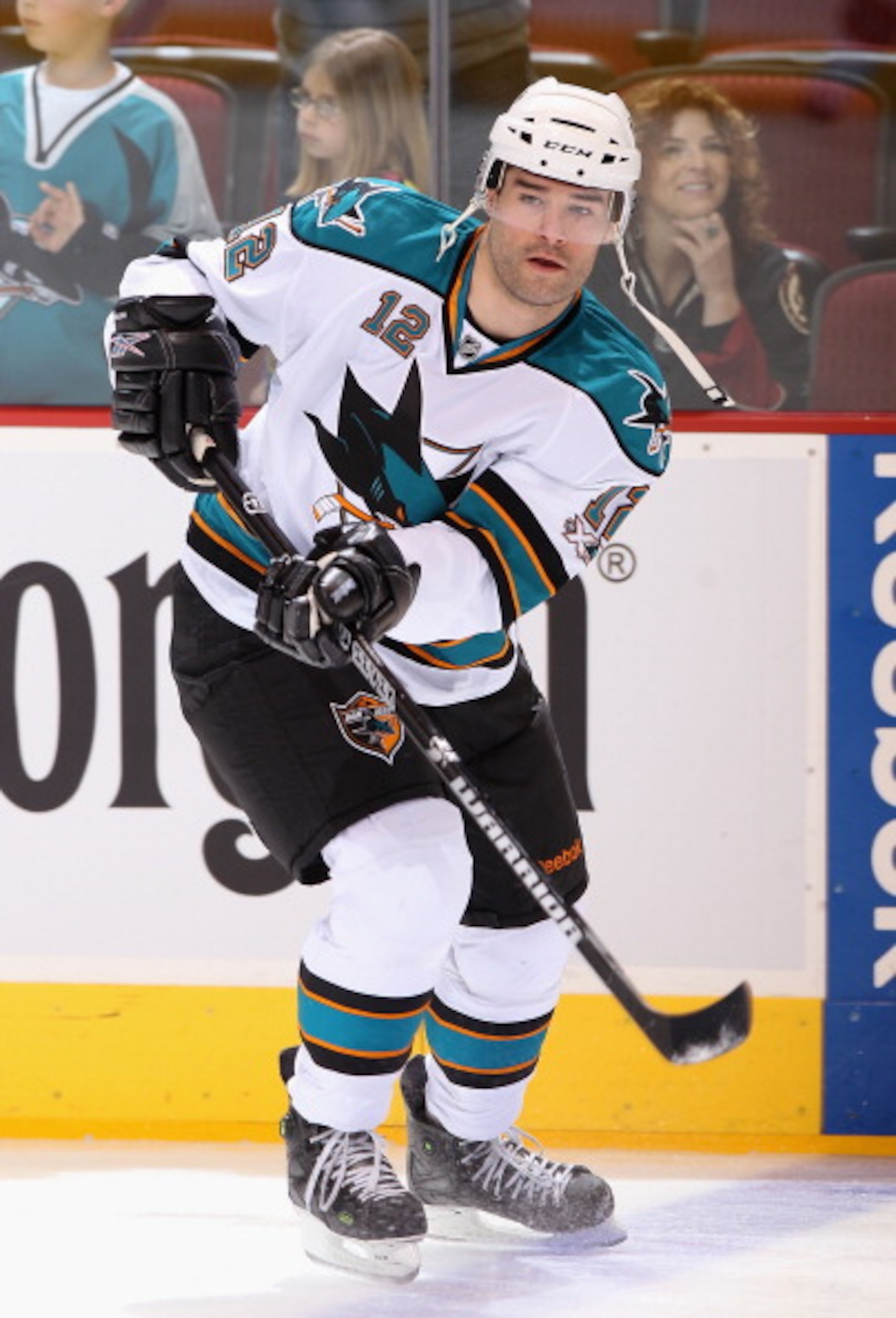 GLENDALE, AZ - MARCH 26:  Patrick Marleau #12 of the San Jose Sharks warms up before the NHL game against the Phoenix Coyotes at Jobing.com Arena on March 26, 2011 in Glendale, Arizona.  The Sharks defeated the Coyotes 4-1.  (Photo by Christian Petersen/G