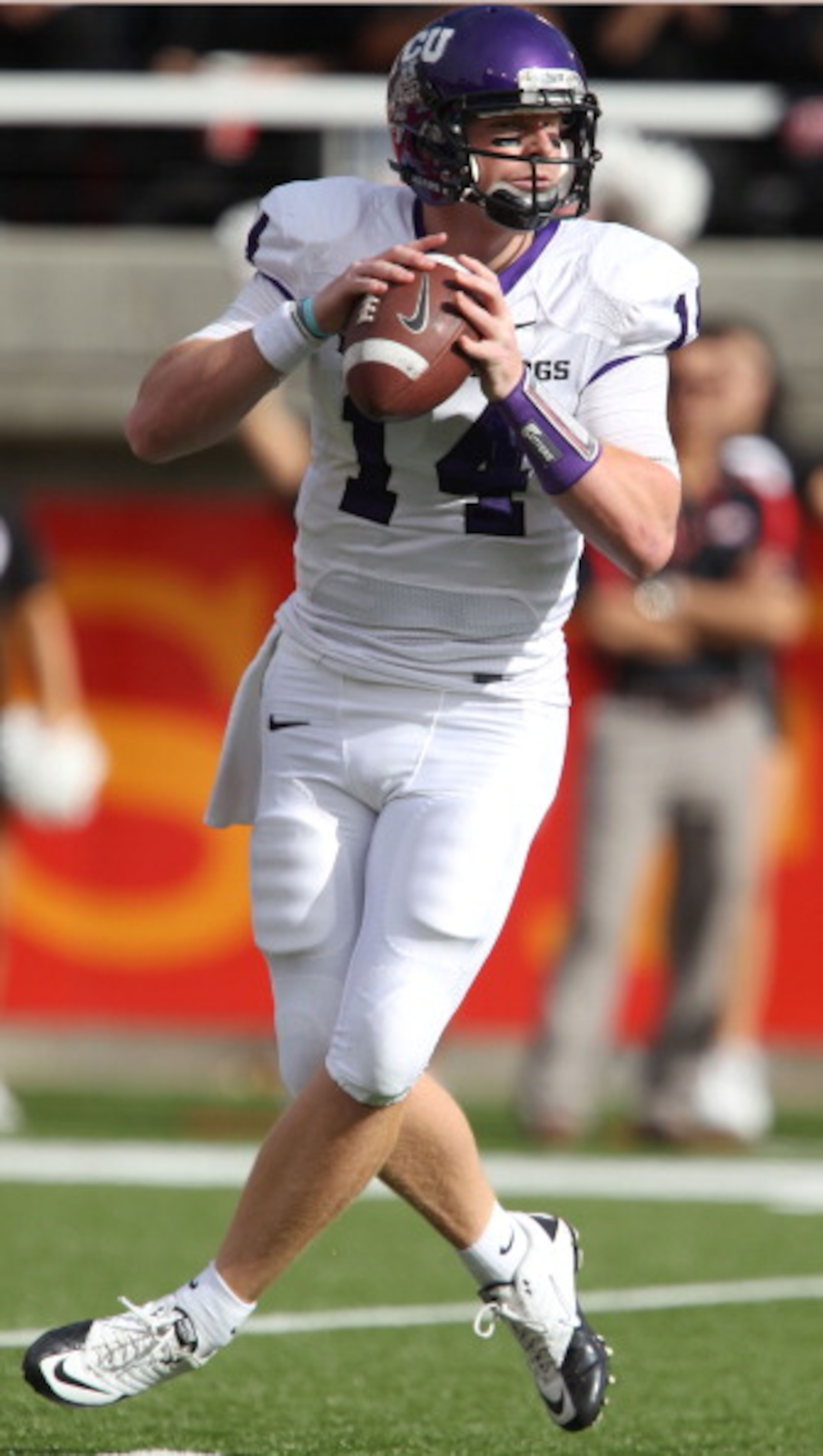 SALT LAKE CITY, UT - NOVEMBER 6: Andy Dalton #14 of the TCU Horned Frogs looks to pass during a game against the Utah Utes during the first half of an NCAA football game November 6, 2010 at Rice-Eccles Stadium in Salt Lake City, Utah. (Photo by George Fre