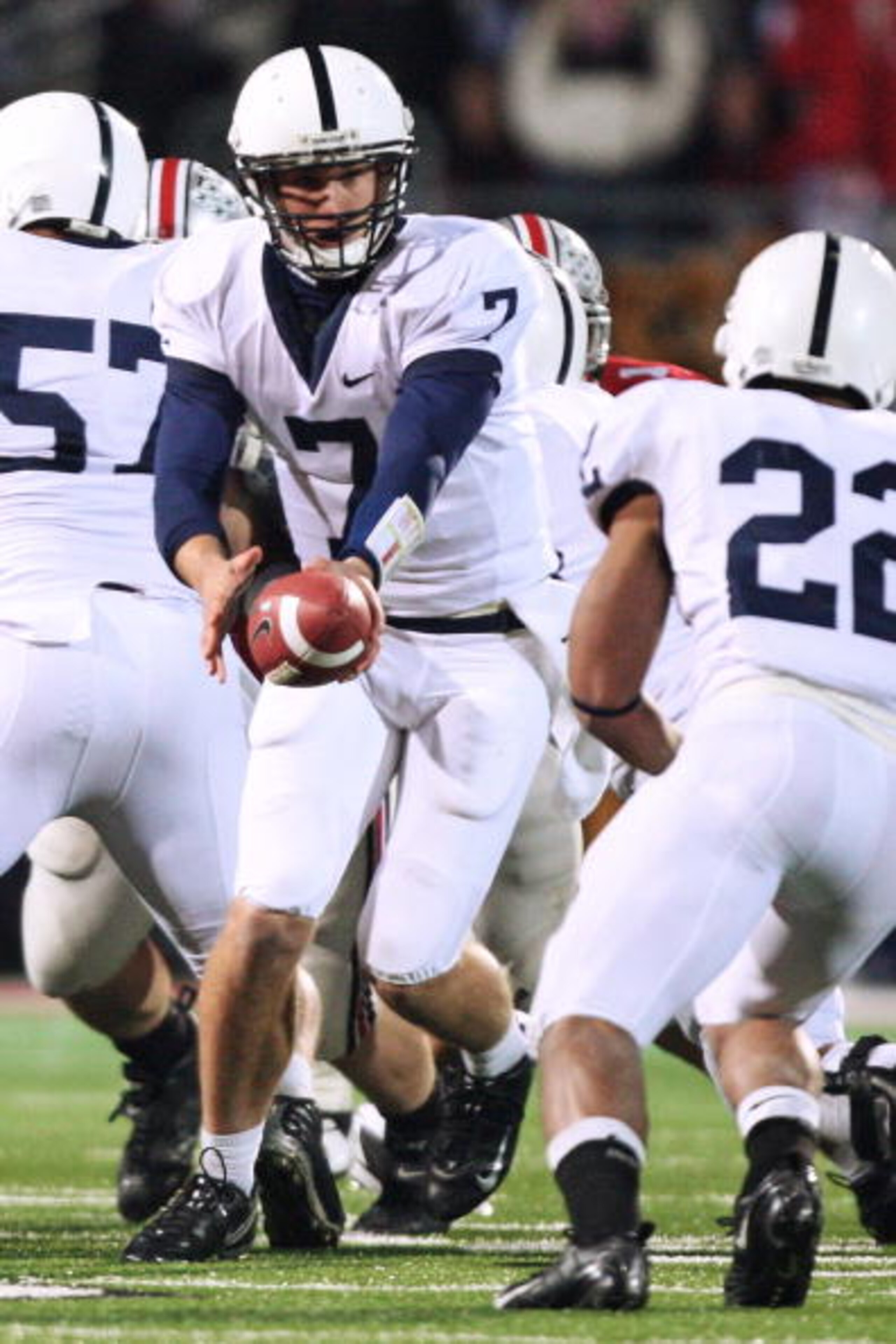 COLUMBUS, OH - OCTOBER 25: Quarterback Pat Devlin #7 of the Penn State Nittany Lions hands off the ball against the Ohio State Buckeyes on October 25, 2008 at Ohio Stadium in Columbus, Ohio. (Photo by Jamie Sabau/Getty Images) COLUMBUS, OH - OCTOBER 25: Quarterback Pat Devlin #7 of the Penn State Nittany Lions hands off the ball against the Ohio State Buckeyes on October 25, 2008 at Ohio Stadium in Columbus, Ohio. (Photo by Jamie Sabau/Getty Images)