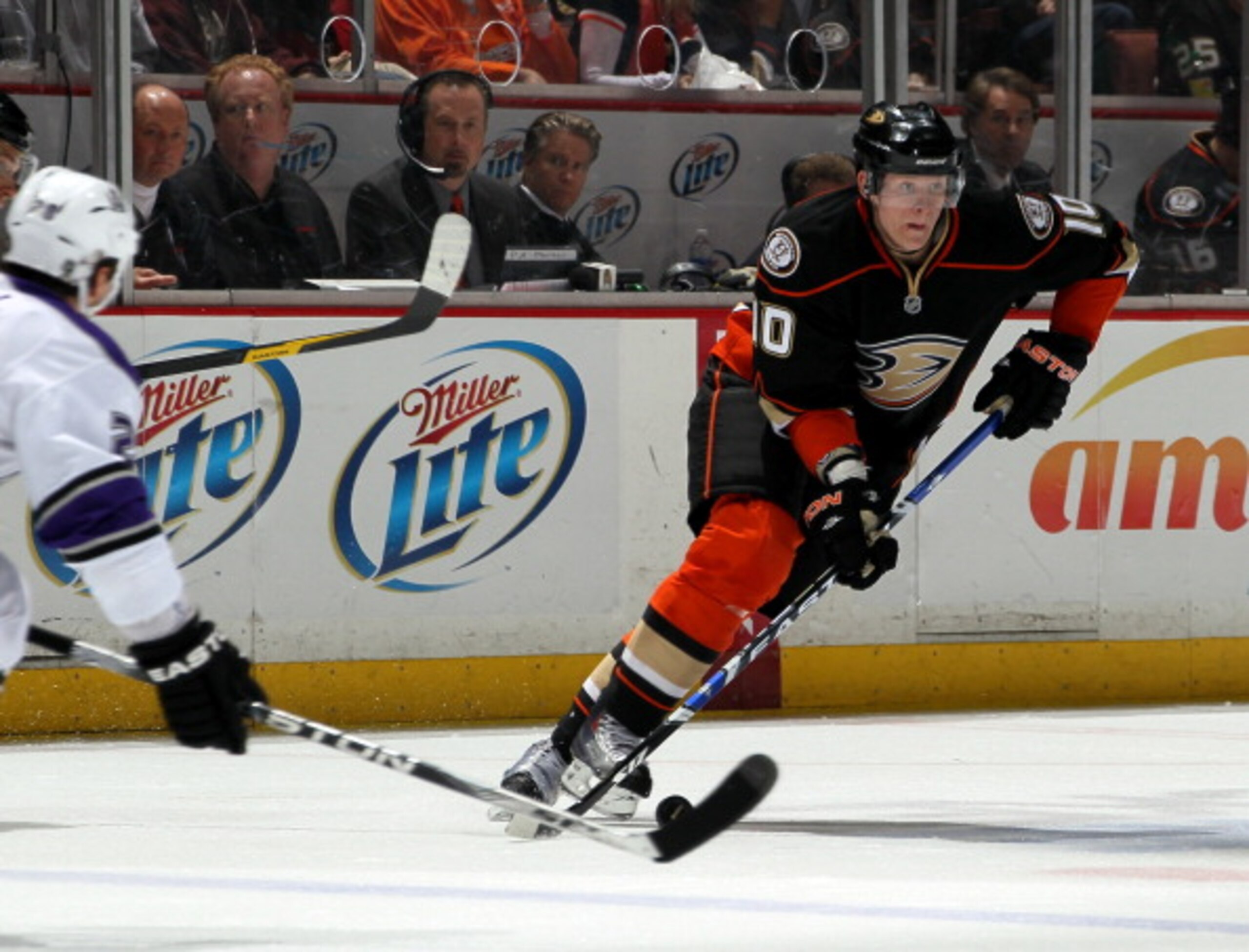ANAHEIM, CA - APRIL 8:  Corey Perry #10 of the Anaheim Ducks skates with the puck against the Los Angeles Kings at Honda Center on April 8, 2011 in Anaheim, California. The Ducks won 2-1 to clinch a berth in the playoffs.  (Photo by Stephen Dunn/Getty Ima