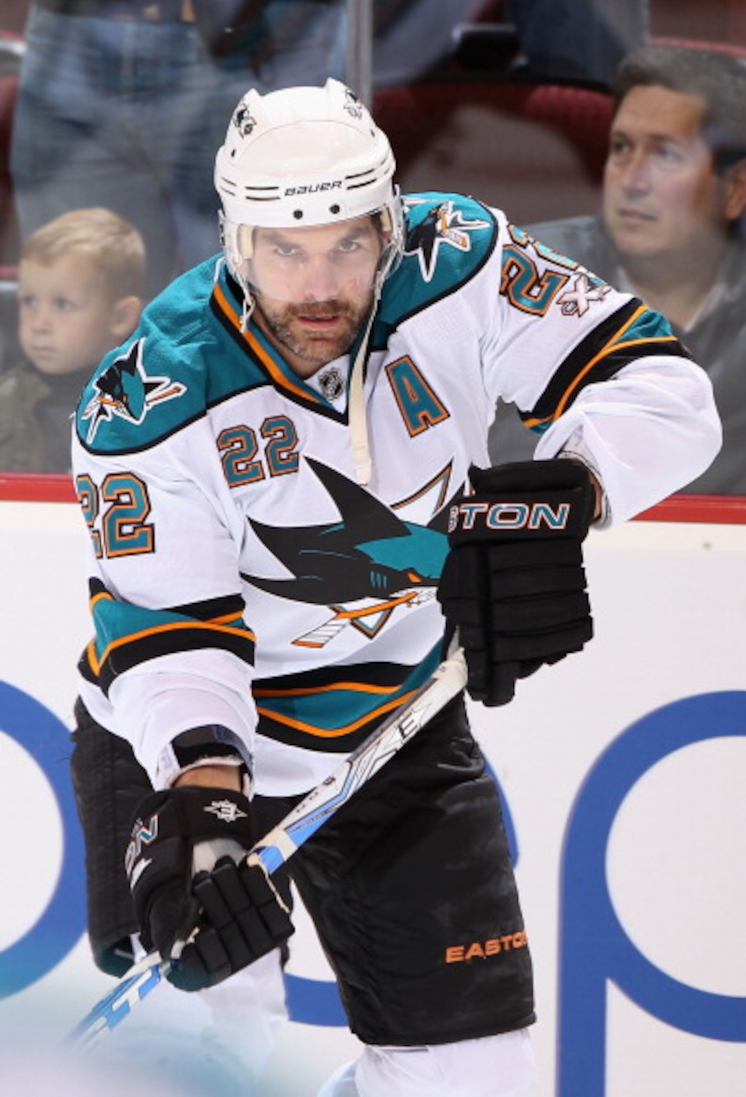 GLENDALE, AZ - MARCH 26:  Dan Boyle #22 of the San Jose Sharks warms up before the NHL game against the Phoenix Coyotes at Jobing.com Arena on March 26, 2011 in Glendale, Arizona.  The Sharks defeated the Coyotes 4-1. (Photo by Christian Petersen/Getty Im