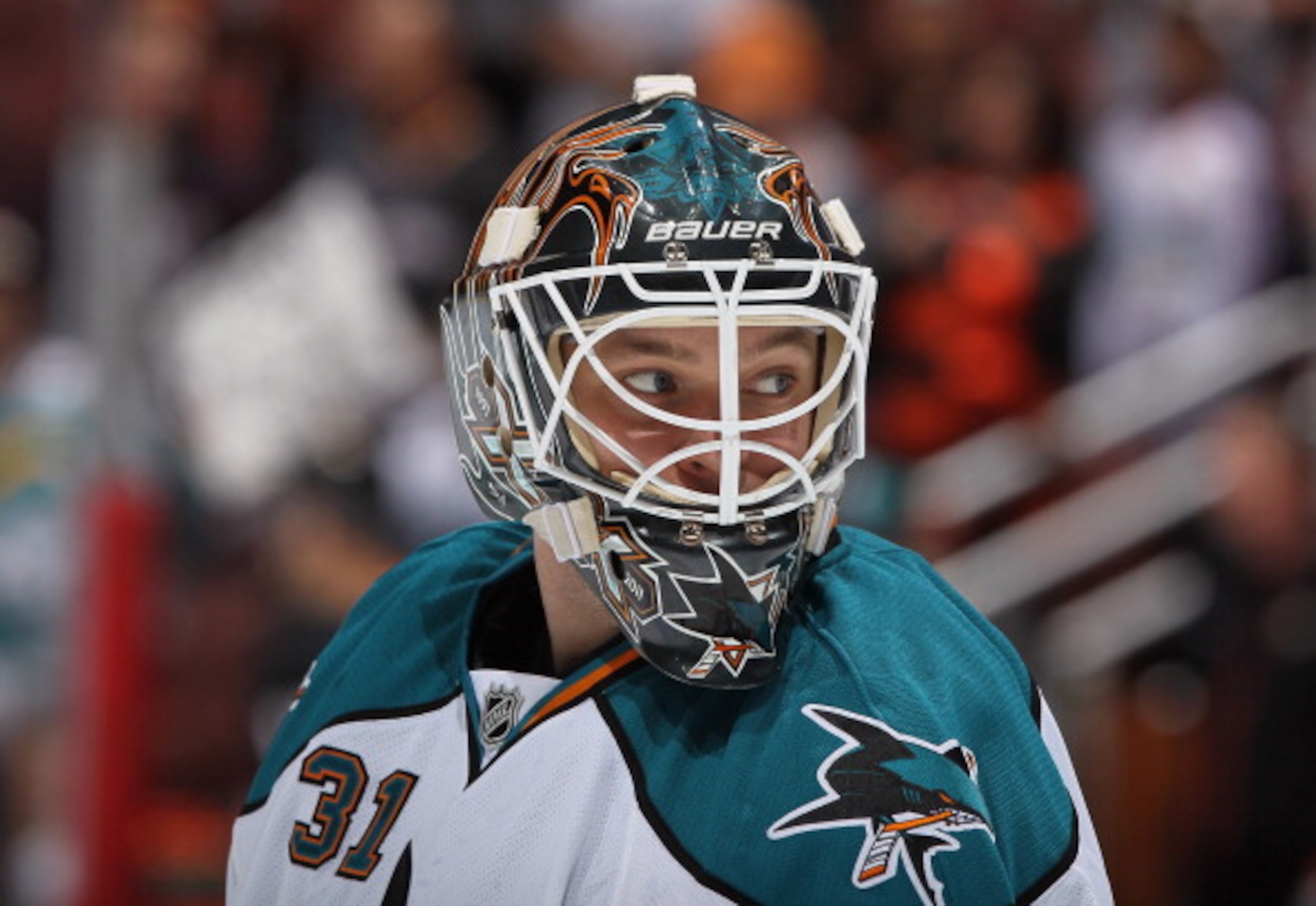 ANAHEIM, CA - APRIL 06:  Antti Niemi #31 of the San Jose Sharks looks on prior to the start of the game against the Anaheim Ducks at Honda Center on April 6, 2011 in Anaheim, California.  (Photo by Jeff Gross/Getty Images)