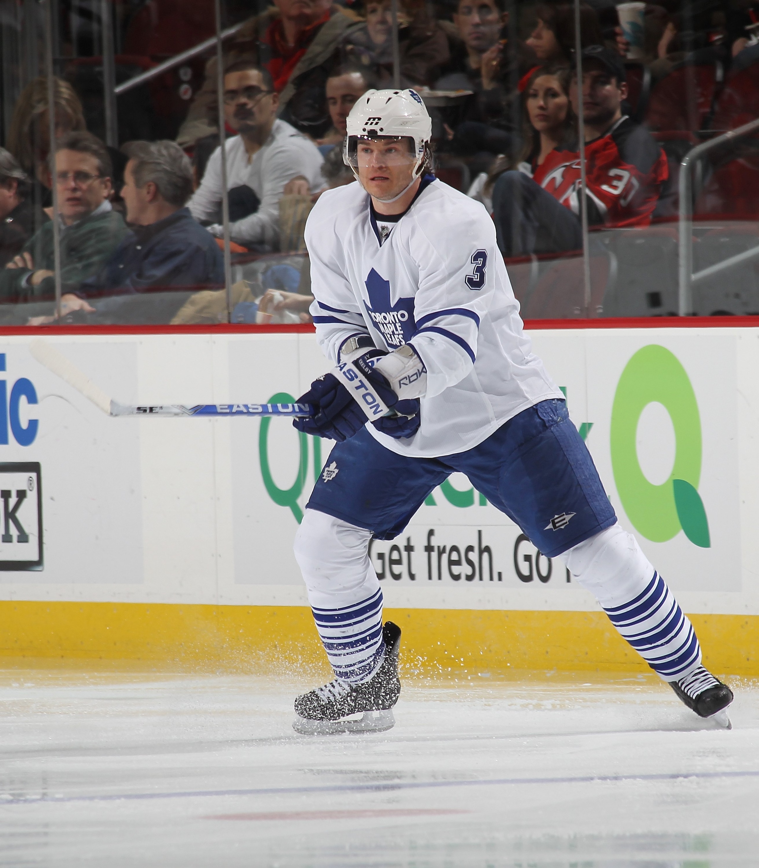 NEWARK, NJ - JANUARY 29:  Garnet Exelby #3 of the Toronto Maple Leafs skates against the New Jersey Devils at the Prudential Center on January 29, 2010 in Newark, New Jersey.  (Photo by Bruce Bennett/Getty Images)