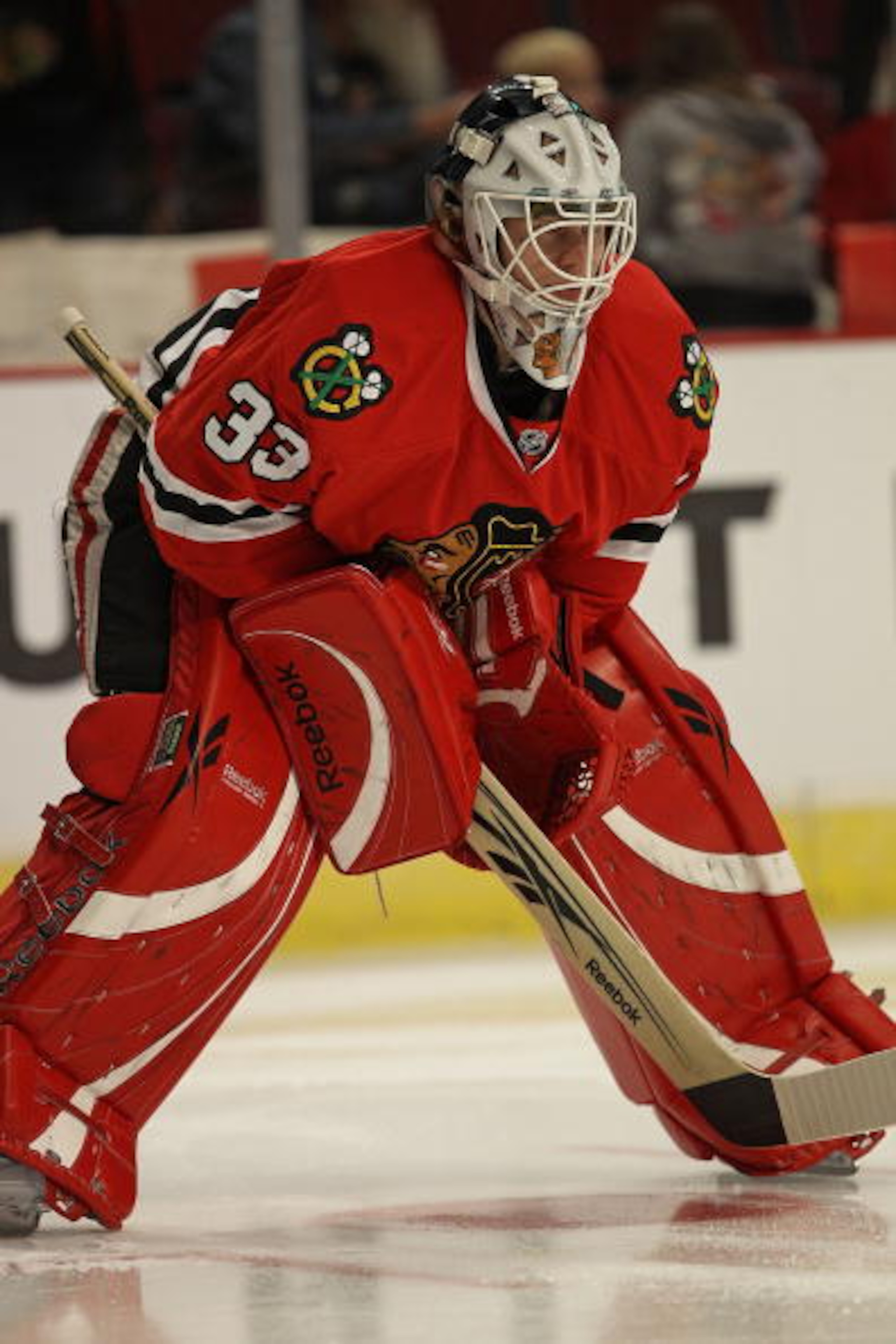 CHICAGO - OCTOBER 01: Hannu Toivonen #33 of the Chicago Blackhawks warms-up before a pre-season game against the Pittsburgh Penguins at the United Center on October 1, 2010 in Chicago, Illinois. The Blackhawks defeated the Penguins 5-2.  (Photo by Jonatha