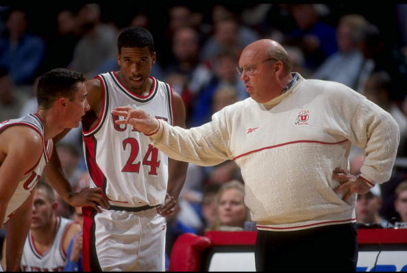 2 Dec 1998: Coach Rick Majerus of Utah talking to Andre Miller #24 in the huddle during the Great Eight Classic Game against Rhode Island at the United Center in Chicago, Illinois. Rhode Island defeated Utah 70-63. Mandatory Credit: Jonathan Daniel /Al